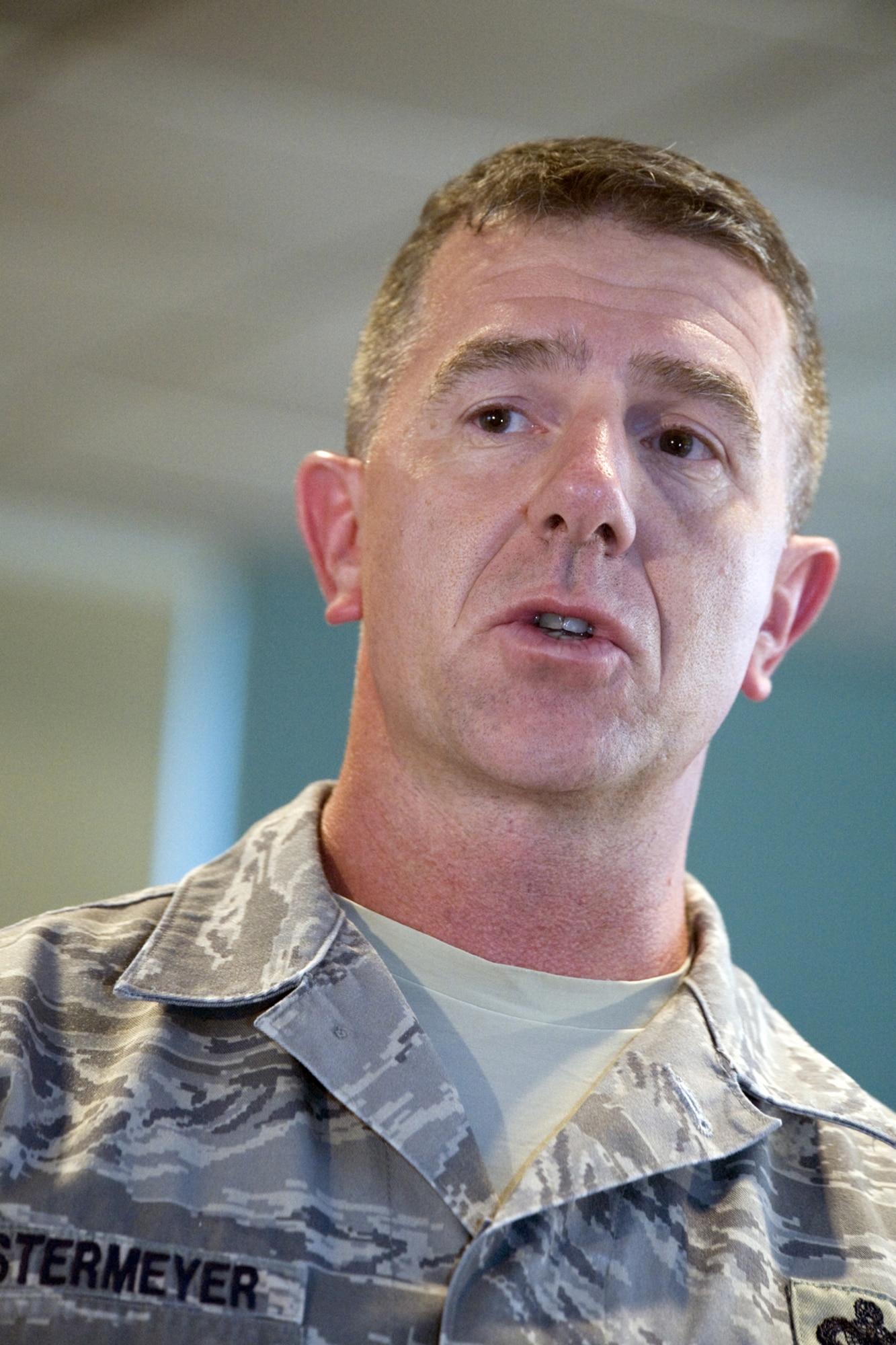 EGLIN AIR FORCE BASE, Fla. - Command Chief Master Sgt. Thomas Westermeyer, 96th Air Base Wing, command chief, speaks to Airmen during a commander's call on May 19. Chief Westermeyer told the Airmen that he looks forward to meeting each of them in the near future. (U.S. Air Force photo/Debi Hausserman)