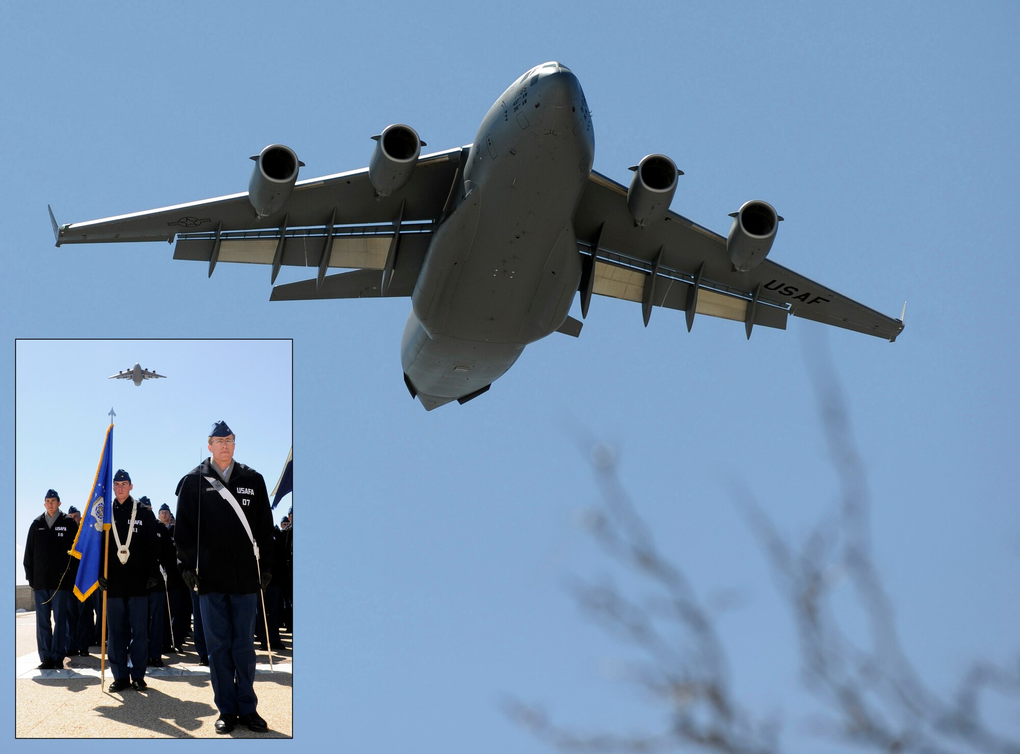 A C-17 Globemaster flown by Commandant of Cadets Brig. Gen. Samuel Cox, Class of 1984, and Maj. Dan Rohlinger, Class of 1997, flies over the U.S. Air Force Academy Terrazzo during a noon formation March 31. Leading Cadet Squadron 28 in the formation (inset) is Cadet 1st Class Andrew Groberg. (U.S. Air Force photo/Dave Ahlachwade and Mike Kaplan)