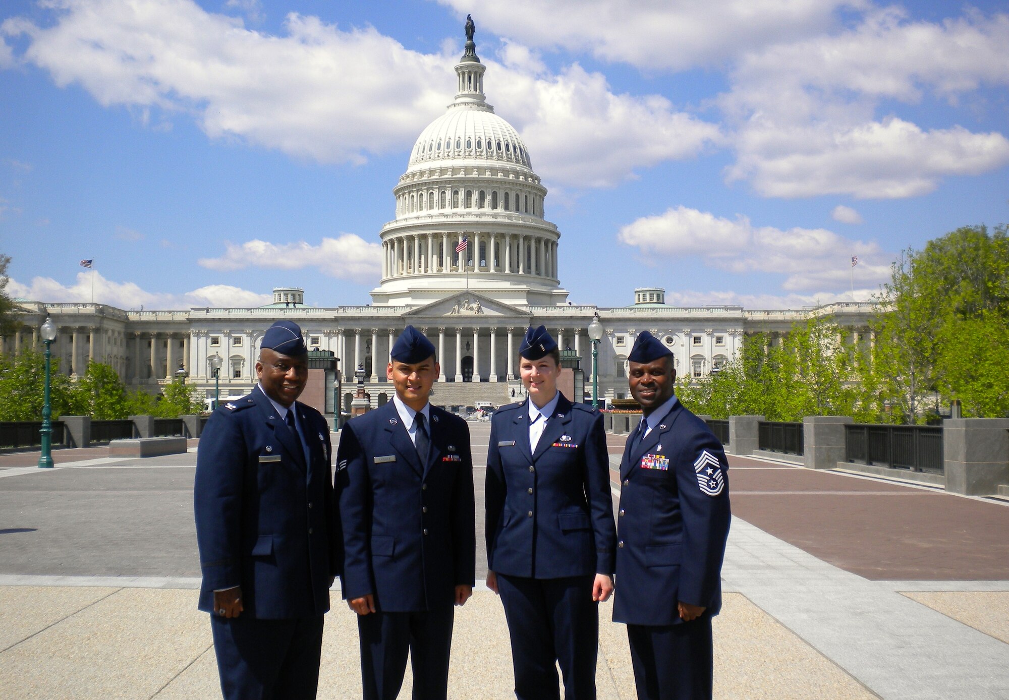From left: Col. Allen Jamerson, 72nd Air Base Wing commander, Senior Airman Alvin Taisague, 2nd Lt. Kerianne Noel and 72nd Air Base Wing Command Chief Master Sgt. Eric Harmon. (Courtesy photo) 