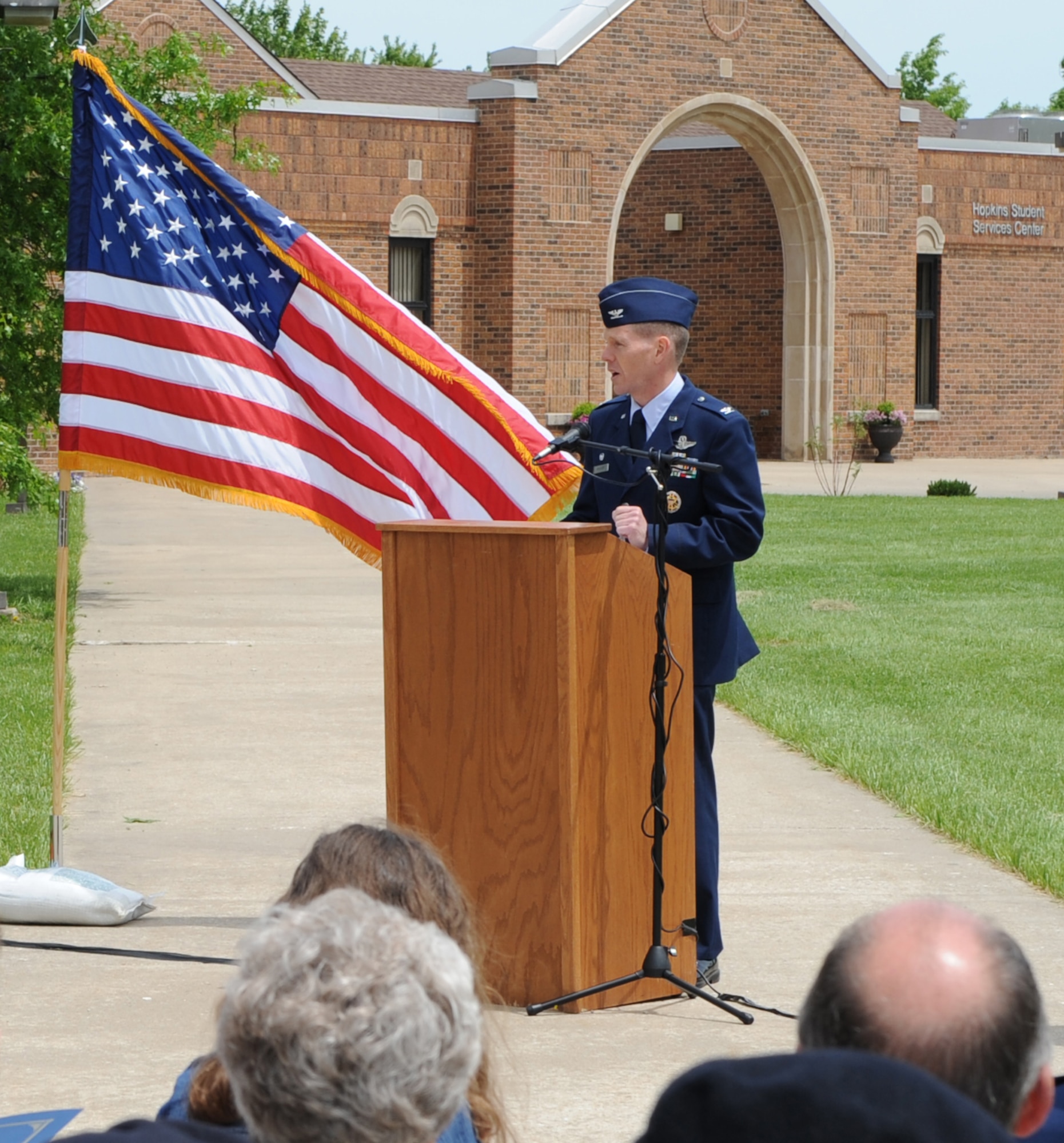 SEDALIA, Mo. - Col. Robert Wheeler, 509th Bomb Wing commander, speaks to a crowd during Sedalia's 20th Anniversary of B-2 Flight celebration May 16 at State Fair Community College. (U.S. Air Force photo/Airman 1st Class Carlin Leslie)