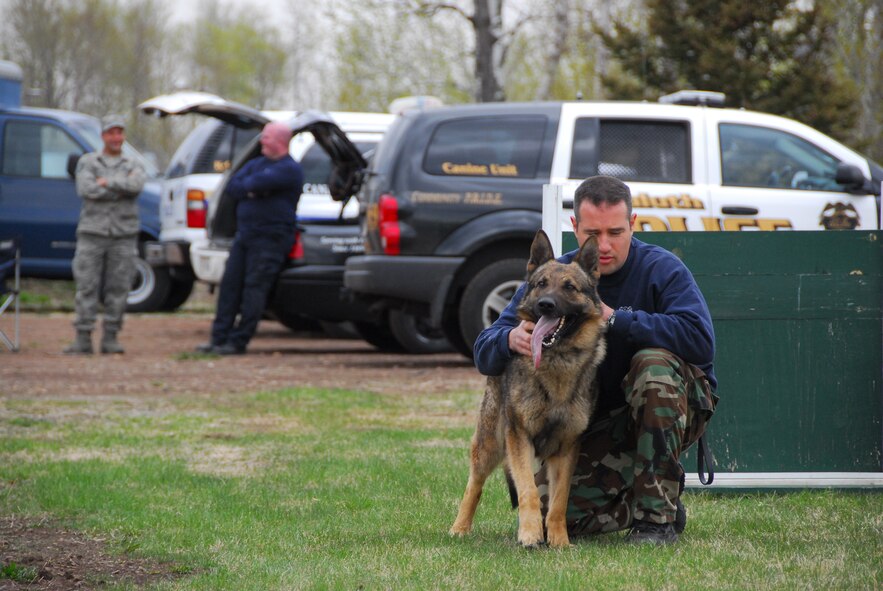 Duluth Police Department K-9 officers conduct training with their dogs at the Air National Guard Base in Duluth, Minn., May 12, 2009.  The 148th Fighter Wing Security Forces has opened their doors to welcome the four-legged guests to the base strengthening the effort of joint training in the community. (U.S. Air Force photo by Tech. Sgt. Brett Ewald) 