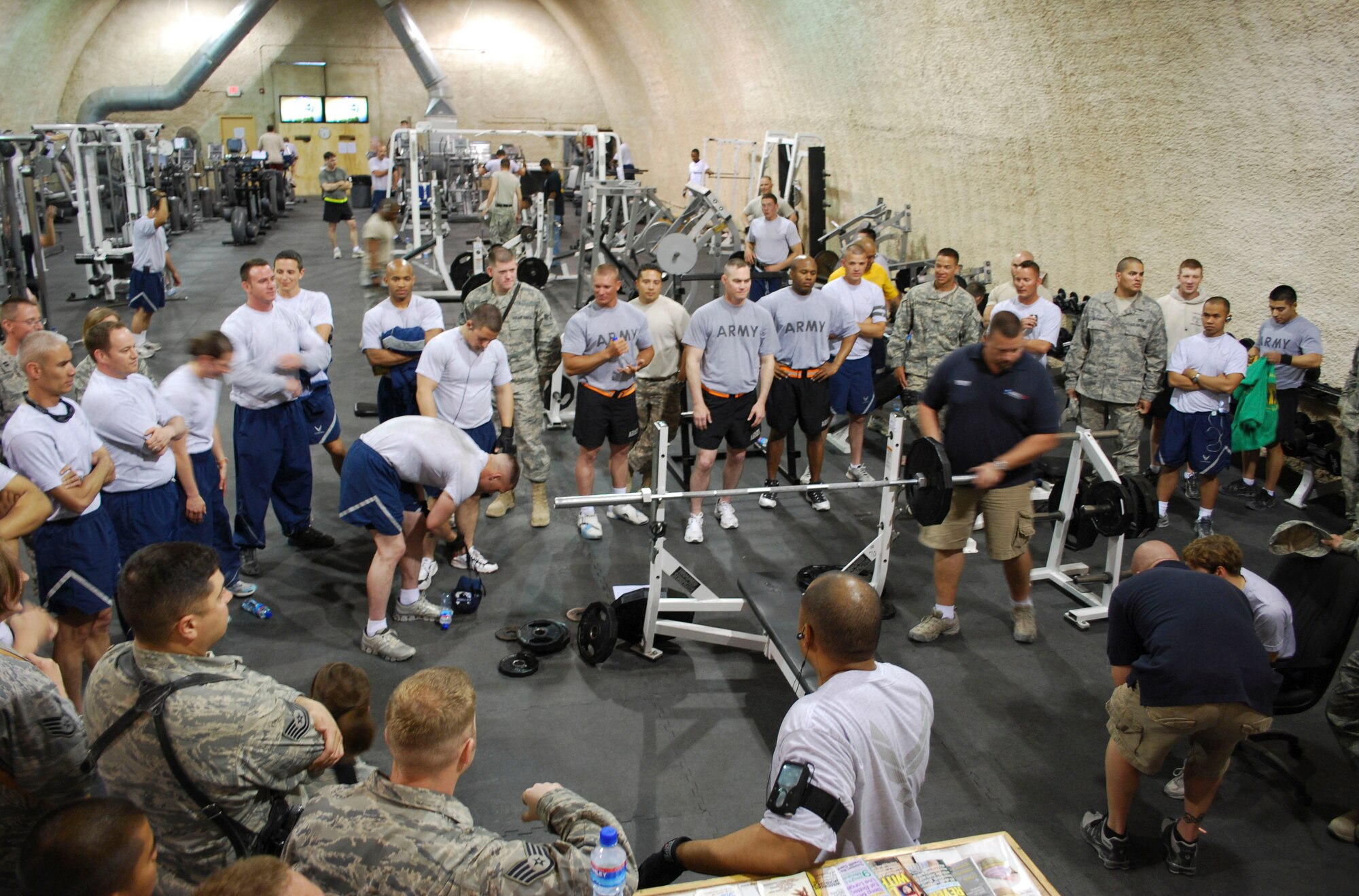 Members of Bagram competed in a bench press competition held by the 455th Expeditionary Force Support Squadron in Camp Cunningham at Bagram Air Field, Afghanistan, May 15. Competitors had to bench press their body weight until failure, the competitor with the most would be announced the winner. Senior Airman Derrick Tolliver, 455th Expeditionary Force Support Squadron, won in the male category with 28 repetitions at 190 pounds and 1st. Lt. Katherine Loffer, Task Force Med, won the female category with three repetitions at 135 pounds. Airman Tolliver is deployed from Wright-Patterson Air Force Base, Ohio and Lieutenant Loffer is deployed from Little Rock AFB, Ark. (U.S. Air Force photo/Senior Airman Erik Cardenas)