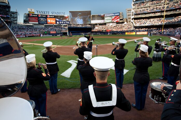 The Marine Forces Reserve play the National Anthem for the opening of the Yankee and Baltimore Game in Yankee Stadium May 22, 2009. The band is in New York City as part of Fleet Week 2009. (Official Marine Corps photo by: Cpl. Patrick Fleischman)