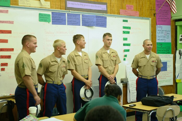 Marines from Special Purpose Marine Air Ground Task Force New York visited The School for Global Leader May 21 and spoke about the core values of the Marine Corps. The Marines are in New York City as part of Fleet Week 2009. (Official Marine Corps photo by Cpl. Kari D. Keeran)