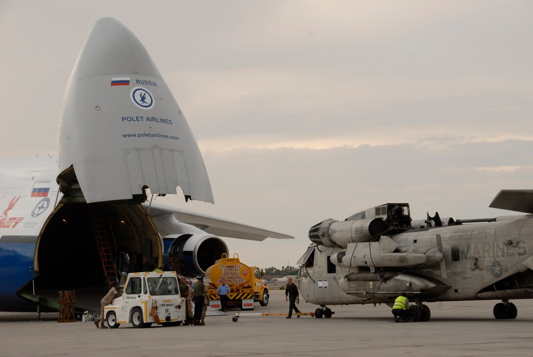 Marines with Marine Heavy Helicopter Squadron 463 load one of their CH-53D Super Stallions into a commercial Russian An-124 Condor transport aircraft on the Marine Corps Air Station Yuma, Ariz. flight line May 21, 2009 for their journey back to Kaneohe Bay, Hawaii. HMH-463 arrived in Yuma April 18, 2009, to participate in the Weapons and Tactics Instructors course. The An-124 Condor is designed for long-range delivery and air dropping of heavy and large size cargo, including machines, equipment and troops. Due to the distance to Hawaii, the helicopters are routinely transported by the Condor or American C-5s.