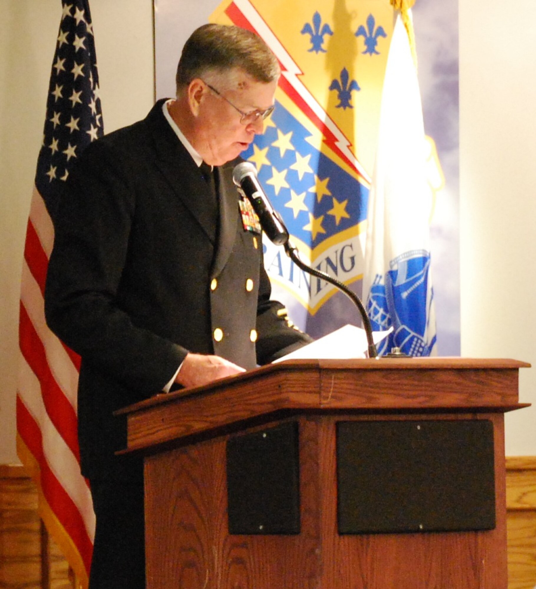 Retired Force Master Chief for the Naval Air Training Command, Robert Dean, speaks at the Armed Forces luncheon May 22 at the Sheppard Club. (U.S. Air Force photo/ Airman 1st Class Valerie Hosea)