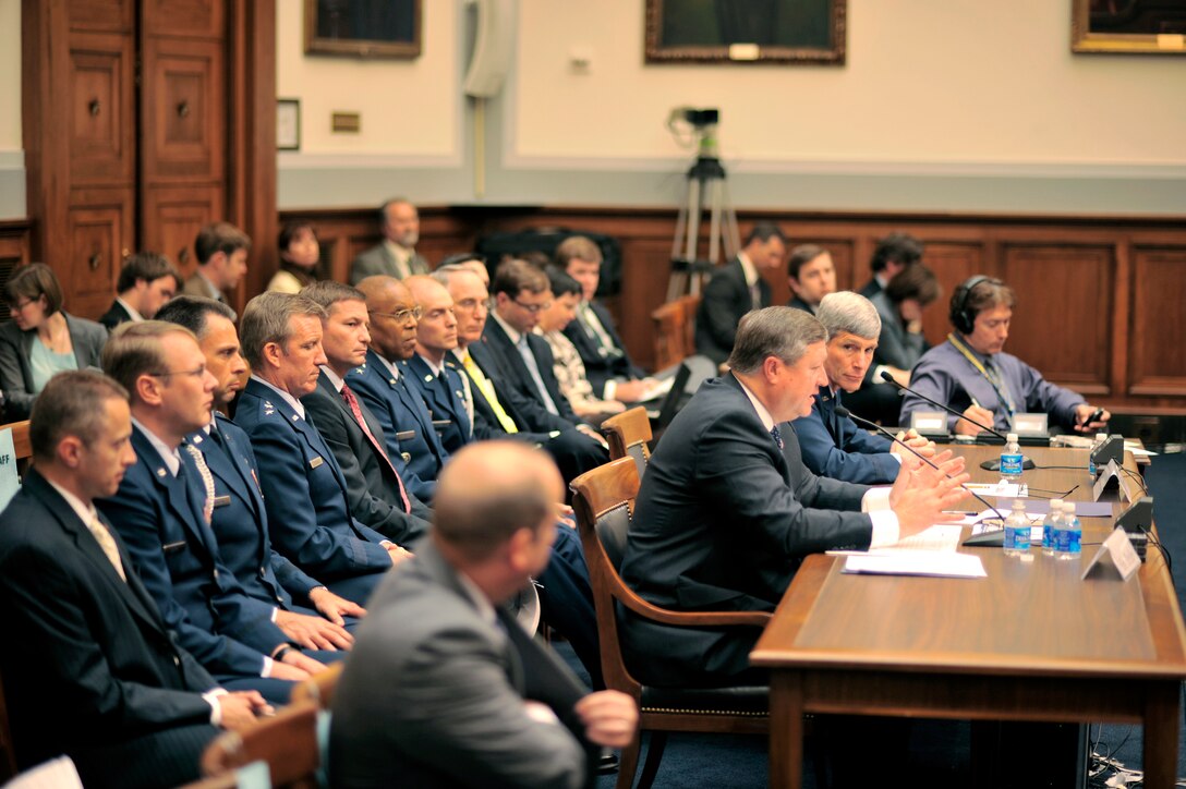Secretary of the Air Force Michael Donley (left at table)  testifies with Air Force Chief of Staff Gen. Norton Schwartz before the U.S. House Armed Services Committee on the current Air Force posture May 19 in the House Rayburn Building in Washington, D.C.  The two Air Force leaders spent most of the week before both the House and Senate providing feedback with regard to the upcoming budget and current and projected capabilities.  (U.S. Air Force photo/Scott M. Ash)