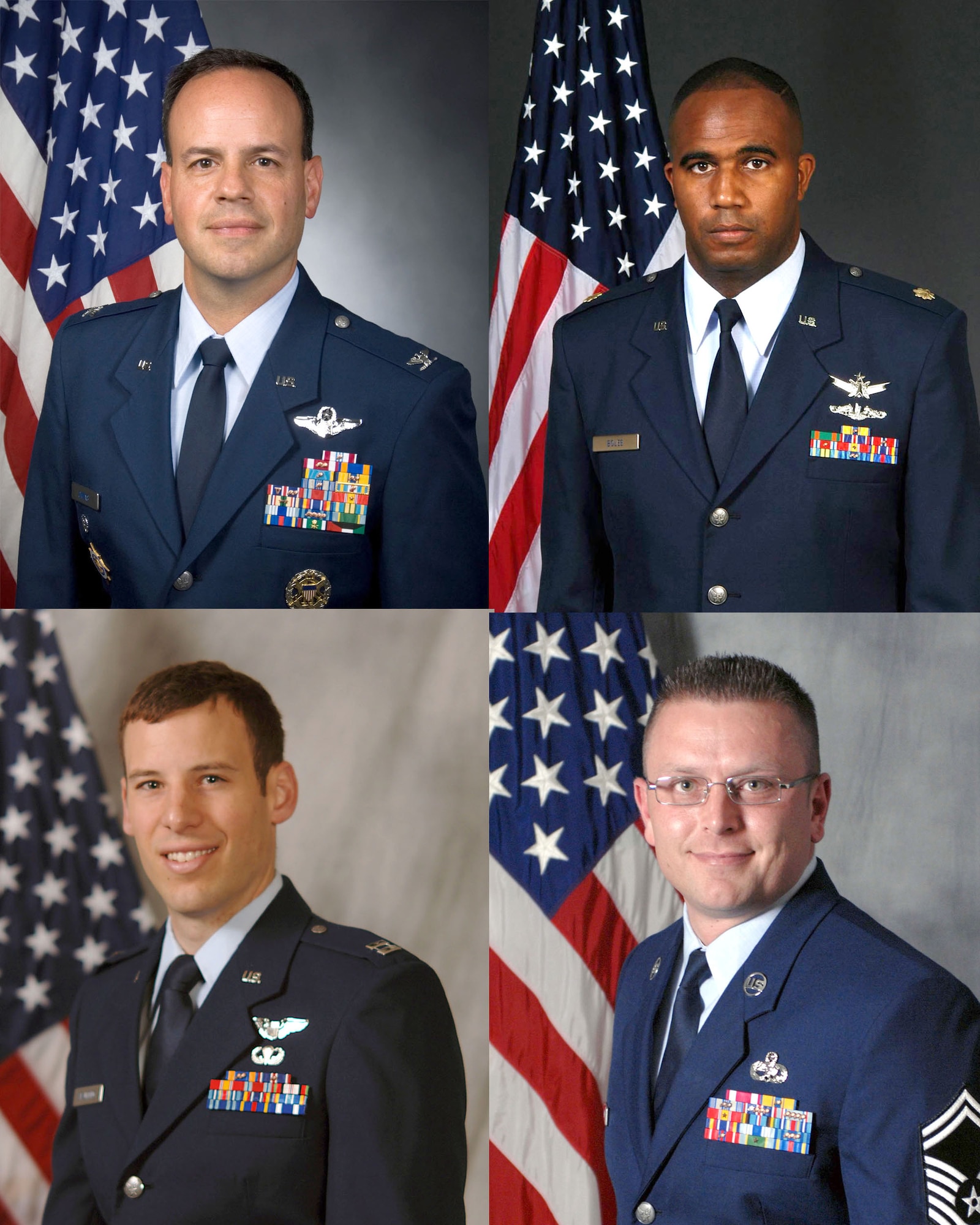 Col. Patrick J. Owens of Spaatz Center's Air War College (top left), Maj. Sean P. Boles of the Air Command and Staff College, Capt. Timothy J. Spaulding of the Squadron Officer School (bottom right) and Senior Master Sgt. David W. Wade of the Barnes Center Senior NCO Academy (bottom left) were chosen as the recipients of the Secretary of the Air Force Leadership Award. (U.S. Air Force photos)