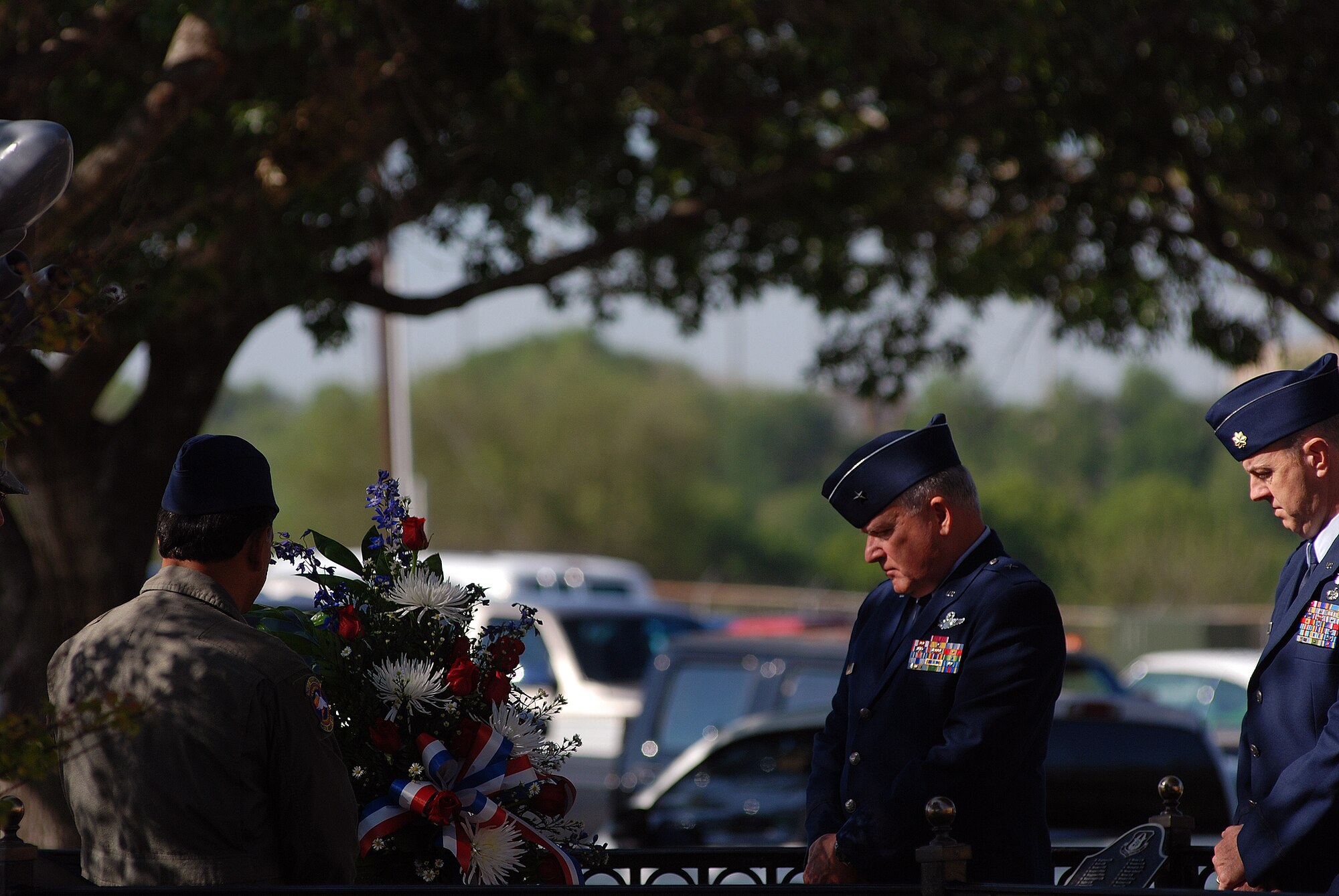The 433rd Airlift Wing stopped for a Memorial Day ceremony at the Bravo-12 Memorial Grove the Thursday before Memorial Day 2009. Bravo-12 was the call sign for a C-5 that crashed in 1990. The grove, built in memory of the crew, now serves as a memorial to all of the fallen Airmen from the Alamo Wing. (U.S. Air Force Photo/Airman Brian McGloin)