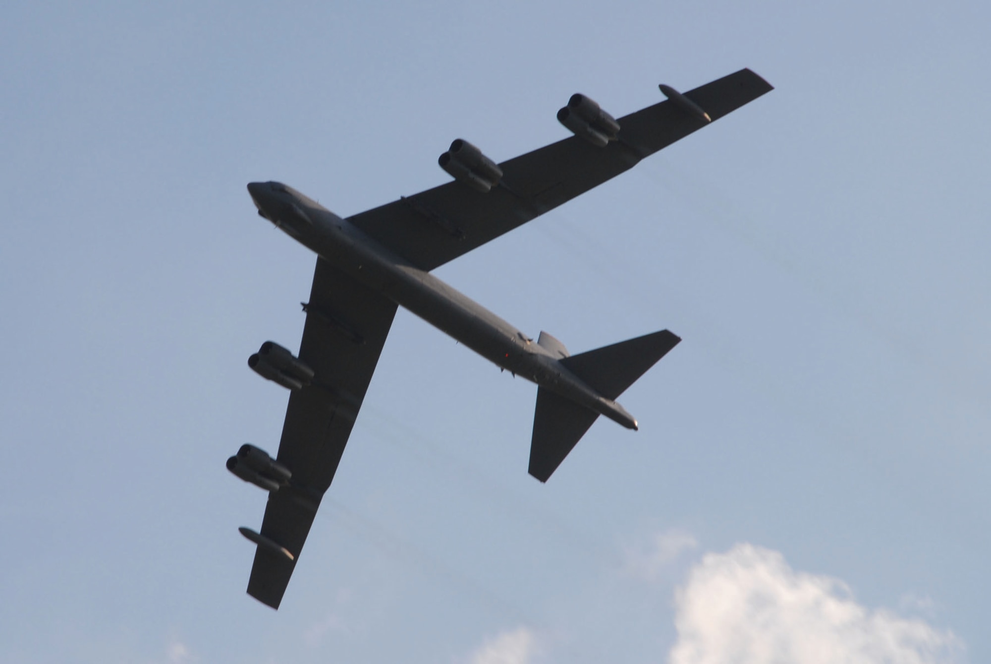 During the aerial demonstration for the National Security Forum Wednesday, a B-52 Stratofortress conducts a fly-over of Maxwell for attendees of the forum. The B-52 was joined in the fly-overs by a B-1 Lancer and a B-2 Spirit. (U.S. Air Force photo/Jamie Pitcher)