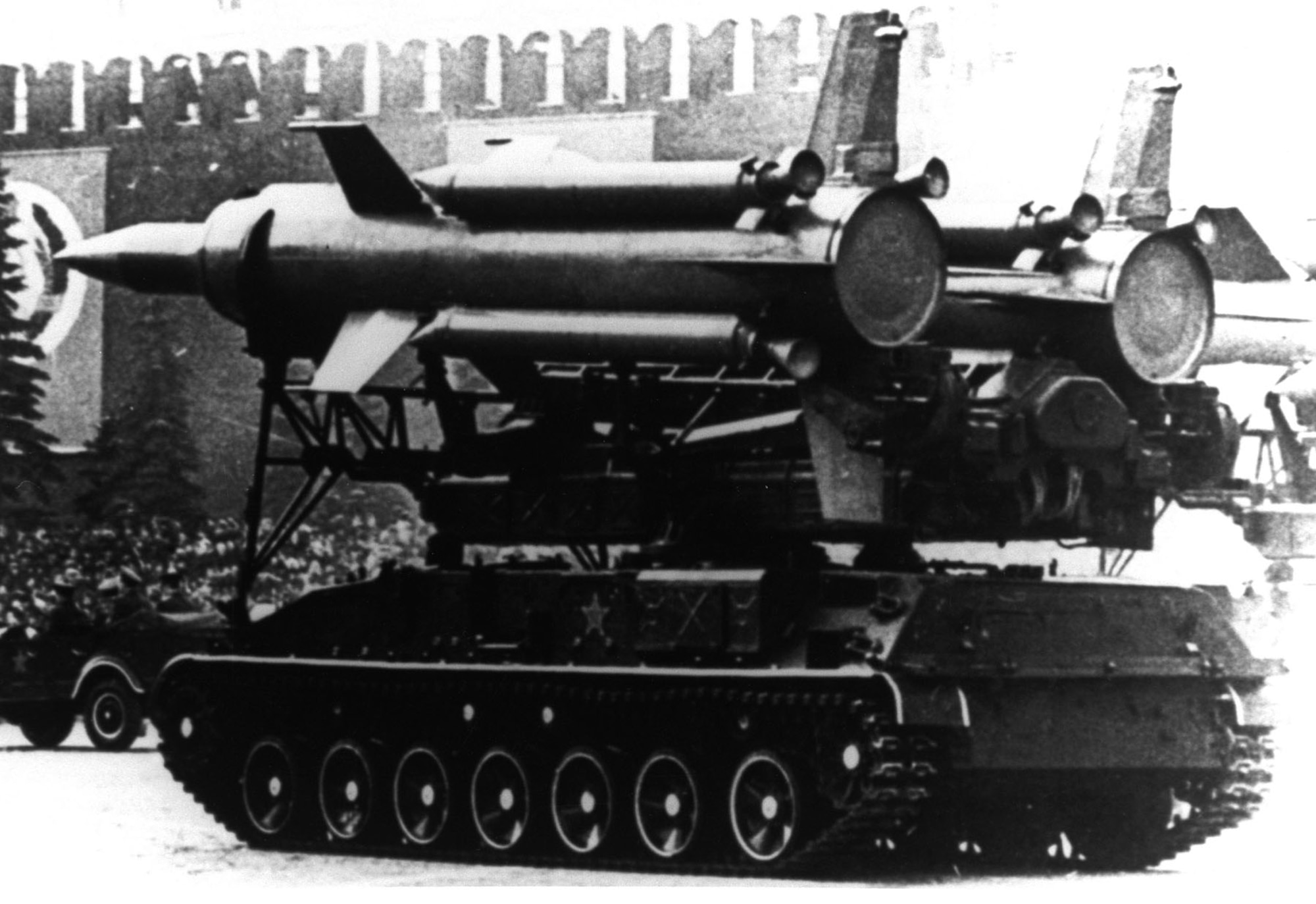 A Soviet SA-4 Ganef on parade. The Soviet, now Russian, SA-4 (NATO designation “Ganef”) is a medium to high altitude surface-to-air missile developed in the late 1950s by the Lyulev OKB design bureau. (U.S. Air Force photo)
