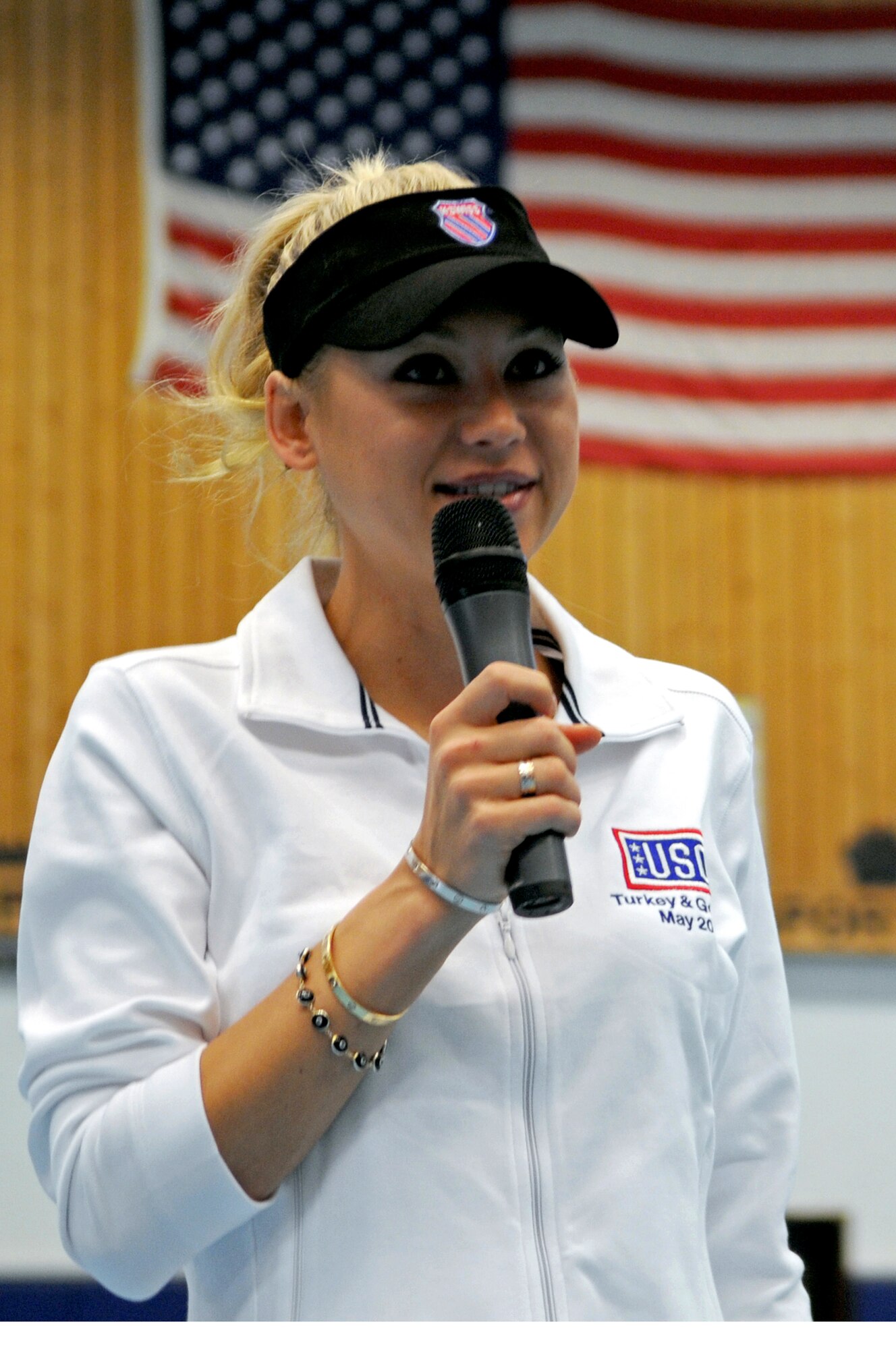 Anna Kournikova, former professional tennis player, talks to students at Ramstein High School, Ramstein Air Base, Germany, May 19, 2009, about school, her tennis career and working hard.  Kournikova visits with students as part of a six-day educational United Service Organizations tour. (U.S. Air Force photo by Airman 1st Class Grovert Fuentes-Contreras)
