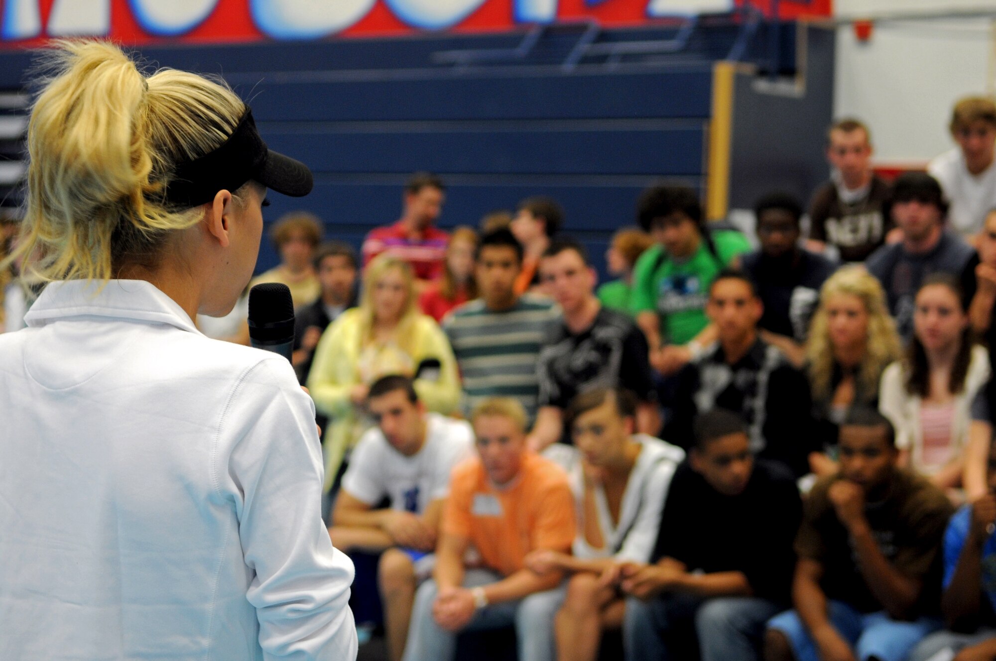 Anna Kournikova, former professional tennis player, talks to students at Ramstein High School, Ramstein Air Base, Germany, May 19, 2009, about school, her tennis career and working hard.  Kournikova visits with students as part of a six-day educational United Service Organizations tour. (U.S. Air Force photo by Airman 1st Class Grovert Fuentes-Contreras)