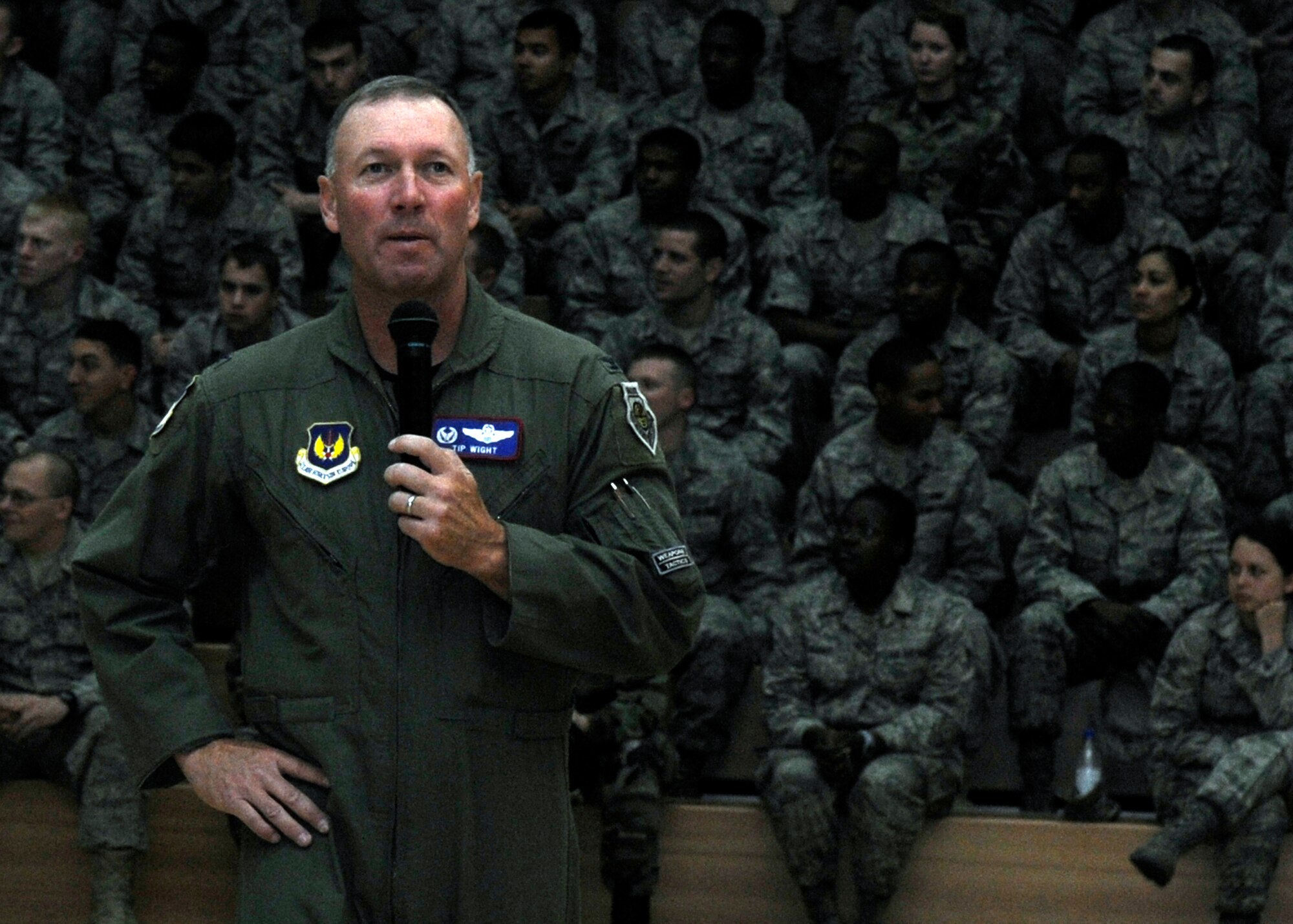 SPANGDAHLEM AIR BASE, Germany – Col. Lee T. Wight, 52nd Fighter Wing commander, address a group of senior airmen and below about a recent rise in the number of alcohol-related incidents on and off base during a Commander’s Call May 14, 2009. (U.S. Air Force photo by Airman 1st Class Staci Miller)
