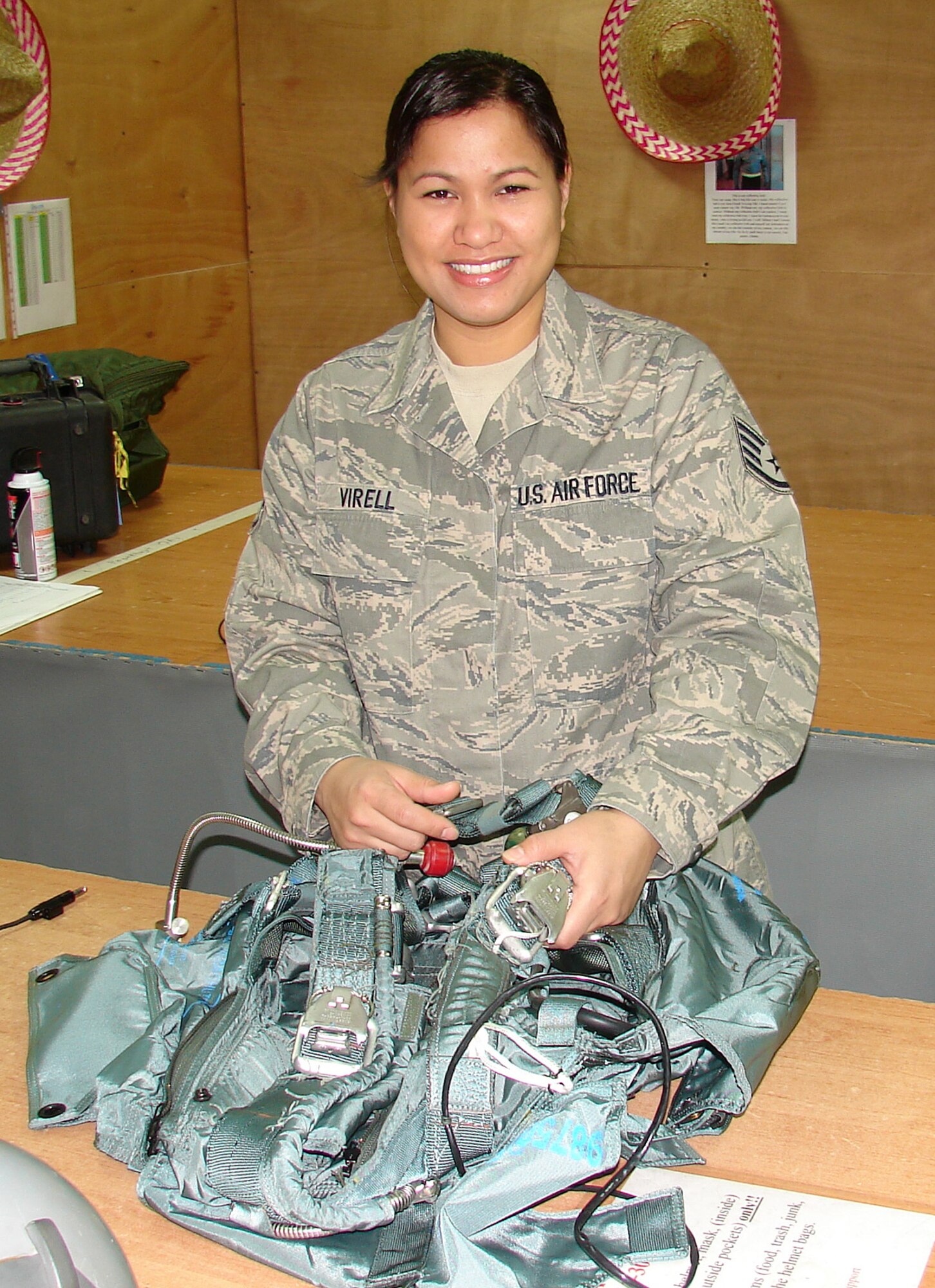 SOUTHWEST ASIA -- Staff Sgt. Ladee Ann Virell, 386th Expeditionary Operations Support Squadron aircrew flight equipment technician, is deployed from the 317th Operations Support Squadron at Dyess Air Force Base, Texas. (U.S. Air Force courtesy photo)