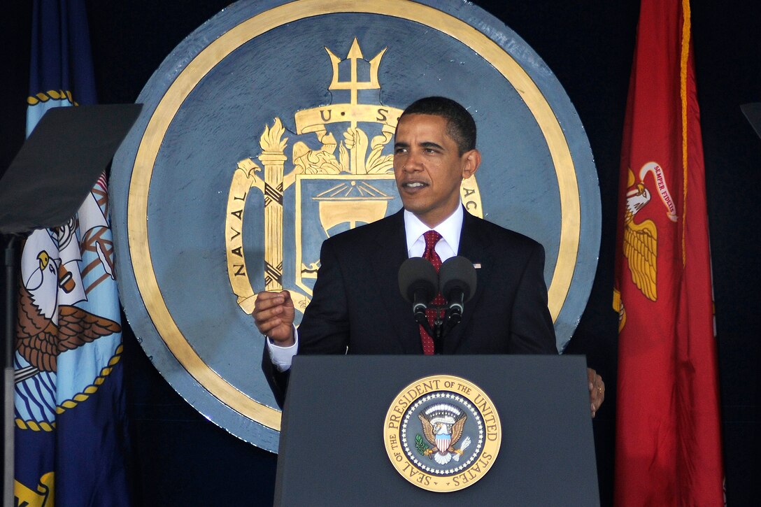 President Barack Obama delivers the commencement address to U.S. Naval Academy graduates and about 27,000 friends and family at the Class of 2009 graduation and commissioning ceremony at Navy-Marine Corps Stadium in Annapolis, Md., May 22, 2009.
