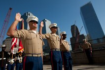 Gunnery Sgt. Justin Smith, from Cape Code, Ma., and platoon sergeant for 3rd platoon, Company C, 2nd Amphibian Assault Battalion, 2nd Marine Expeditionary Force, Staff Sgt. Deryck Smith, from Jacksonville, Fla. and substance abuse control officer for Headquarters and Support Company, 2nd Tank Battalion, 2nd MEF, and Staff Sgt. Jonathan Novak, from Villa Park, Ill., and section leader for 3rd platoon, Co. C, 2nd AA Bn., 2nd MEF, reenlist at the construction site of the Freedom Town in lower Manhattan, May 22. The Marines requested, and waited, to conduct the ceremony at the site of what was the World Trade Center. Lt. Gen. Richard F. Natonski, commander for U.S. Marine Corps Forces Command,  reenlisted the Marines as part of his during Fleet Week 2009. (Official Marine Corps photo by: Cpl. Patrick Fleischman)