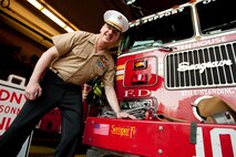 Following a reenlistment ceremony at Ground Zero, Lt. Gen. Richard F. Natonski, commander for U.S. Marine Corps Forces Command, visited Ladder 10, located directly across the street from the World Trade Center site, to speak with New York City Fire Department fire fighters, May 10. (Official Marine Corps photo by: Cpl. Patrick Fleischman)