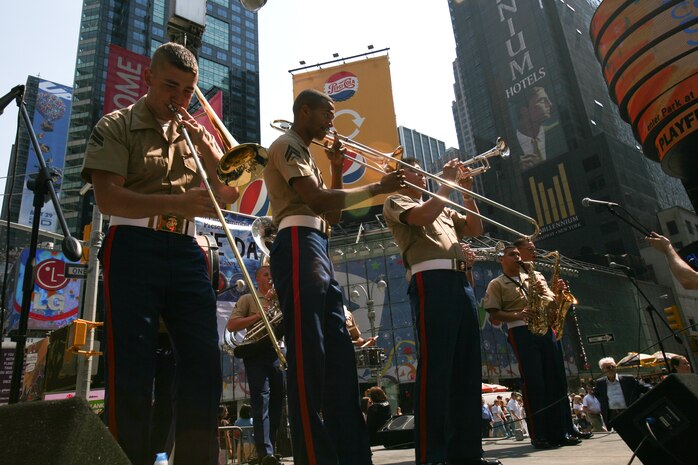 Marines from the Marine Corps Forces Reserve Band perform at Marine Day in Times Square, N.Y., May 23. (Official Marine Corps photo by Sgt. Steve Cushman)