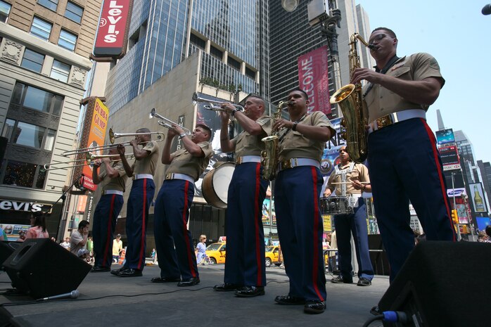 Marines from the Marine Corps Forces Reserve Band perform in Times Square, N.Y., May 23. The Marines performance was part of Marine Day. (Official Marine Corps photo by Sgt. Steve Cushman)