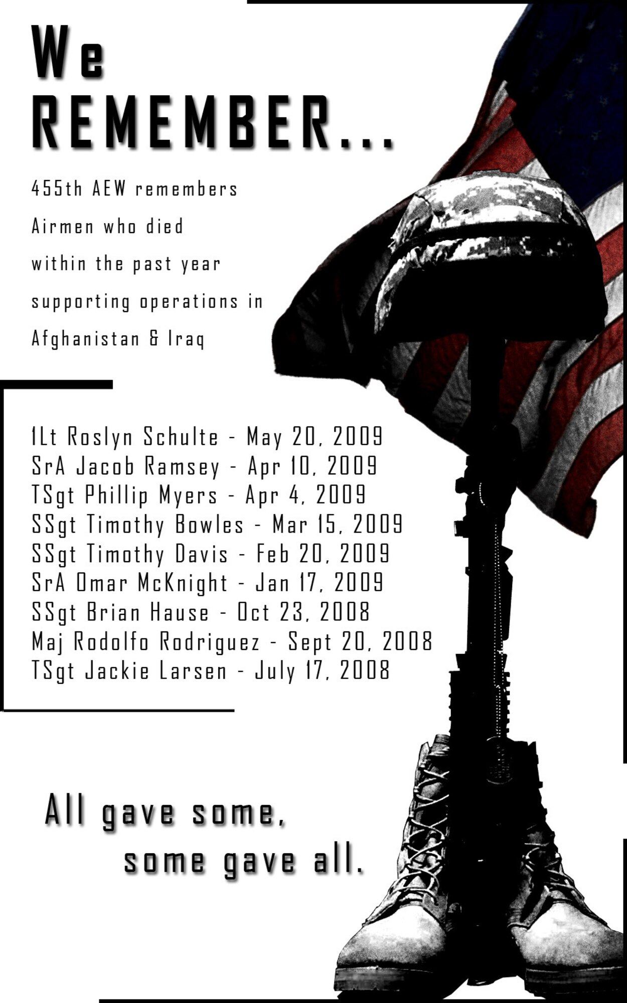 Honoring the nine Airmen lost in Afghanistan and Iraq since last Memorial Day: 1st Lt. Roslyn Schulte, SSgt Timothy Bowles, SSgt Timothy Davis, TSgt Phillip Myers, SrA Jacob Ramsey, Maj Rodolfo Rodriguez, TSgt Jackie Larsen, SrA Omar James McKnight and SSgt Brian Hause. (Air Force illustration)