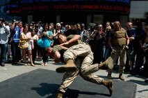 Artillery Marines from Special Purpose MAGTAF New York demonstate MCMAP techniques during Marine Day celebrations in Times Square May 23. (Official Marine Corps photo by Lance Cpl. Jad Sleiman)