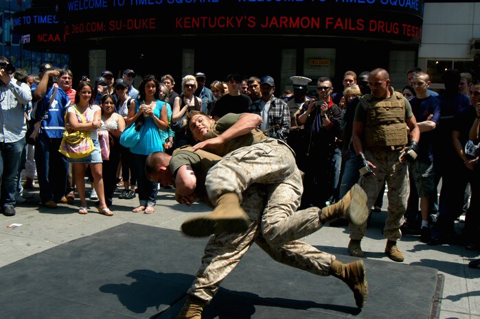 Artillery Marines from Special Purpose MAGTAF New York demonstate MCMAP techniques during Marine Day celebrations in Times Square May 23. (Official Marine Corps photo by Lance Cpl. Jad Sleiman)