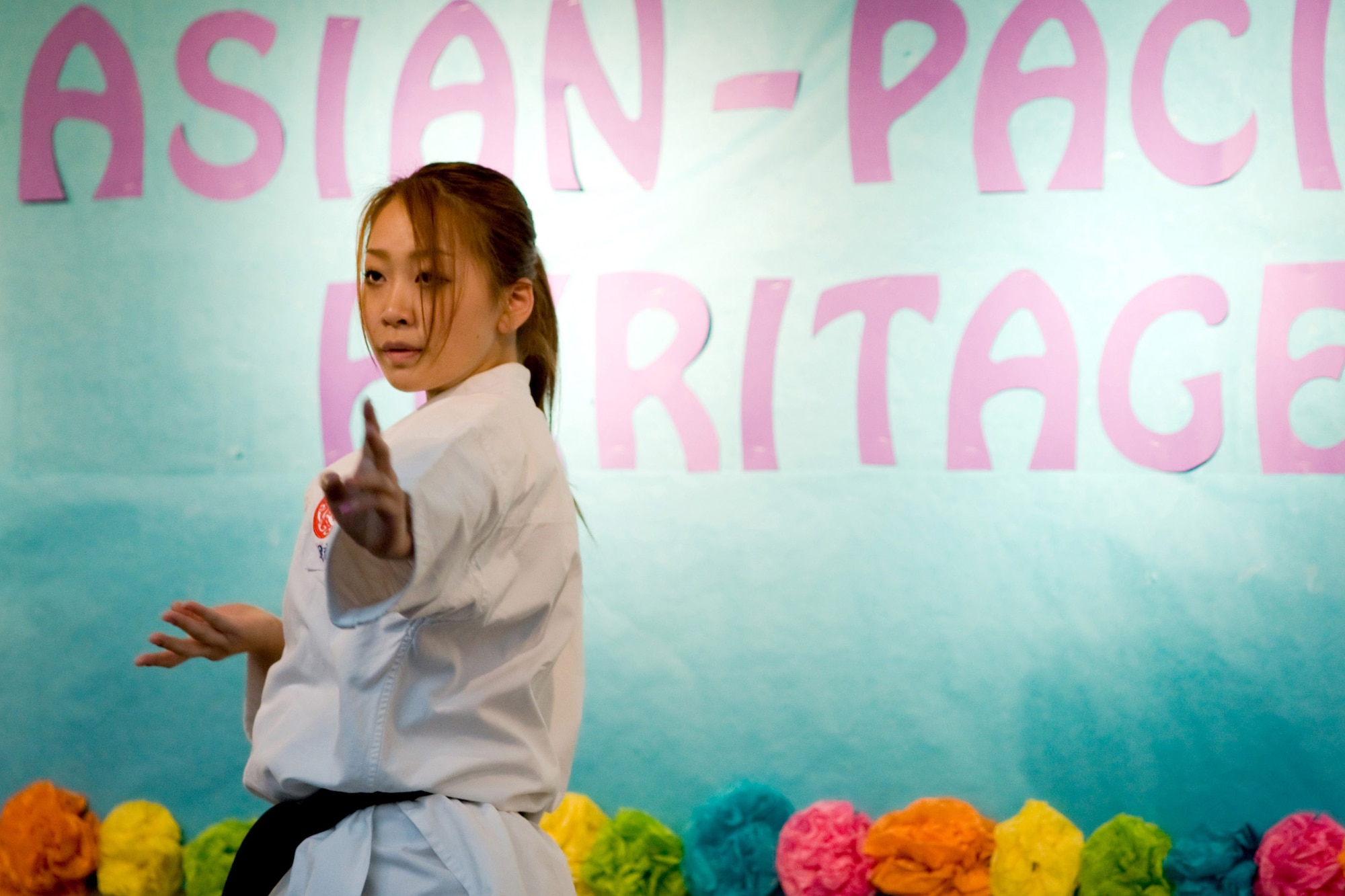 YOKOTA AIR BASE, Japan -- Yukari Abe performs Karate May 21 for Yokota West Elementary School students during the school's Asian Pacific American Heritage Celebration. The celebration also included music and dance performances from various Asian Pacific cultures. (U.S. Air Force photo/Osakabe Yasuo) 