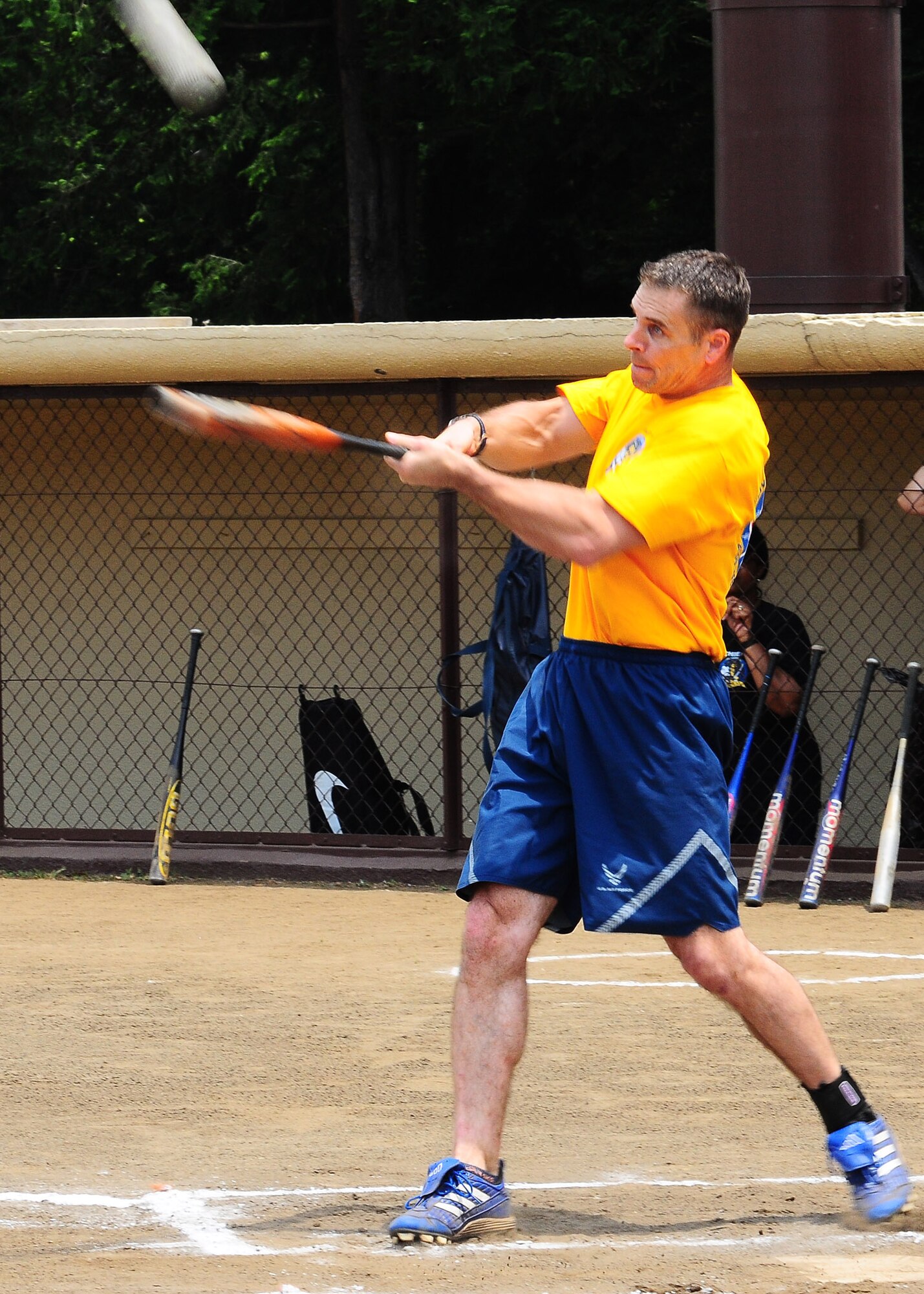 YOKOTA AIR BASE, Japan -- Lt. Col. Mark Milam, 374th Airlfit Wing Staff Judge Advocate, pops up May 21 during the Chiefs vs. Eagles game at Yokota's Safety and Sports Day. The Chiefs pulled out a 3-2 victory on the back of an inside-the-park homerun by Chief Master Sgt. Allen Mullinex, 374th Maintenance Group. Safety and sports day helped the base kickoff the 101 Critical Days of Summer, which runs through Labor Day. (U.S. Air Force photo/Airman Sean Martin)
