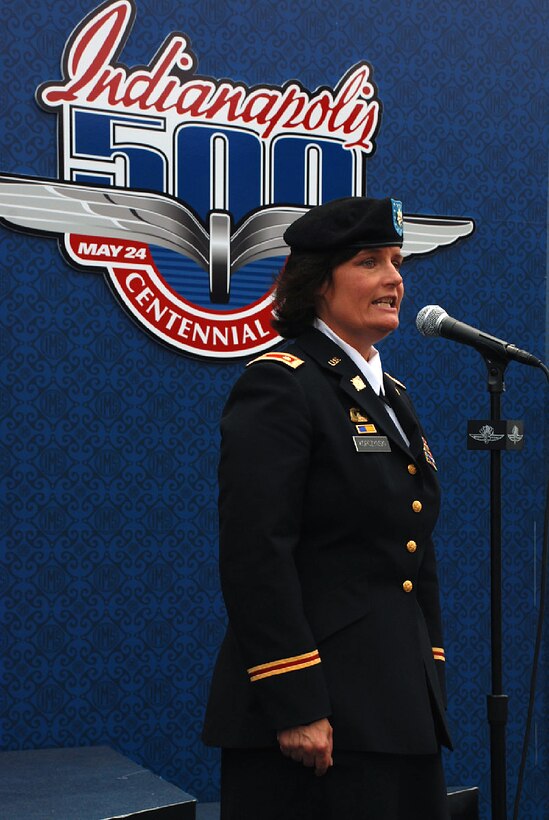 Indiana National Guard Maj. Lisa Kopczynski, Camp Atterbury public affairs officer, sings the National Anthem for the 2009 Indianapolis 500, Indianapolis, Ind., May 24, 2009.