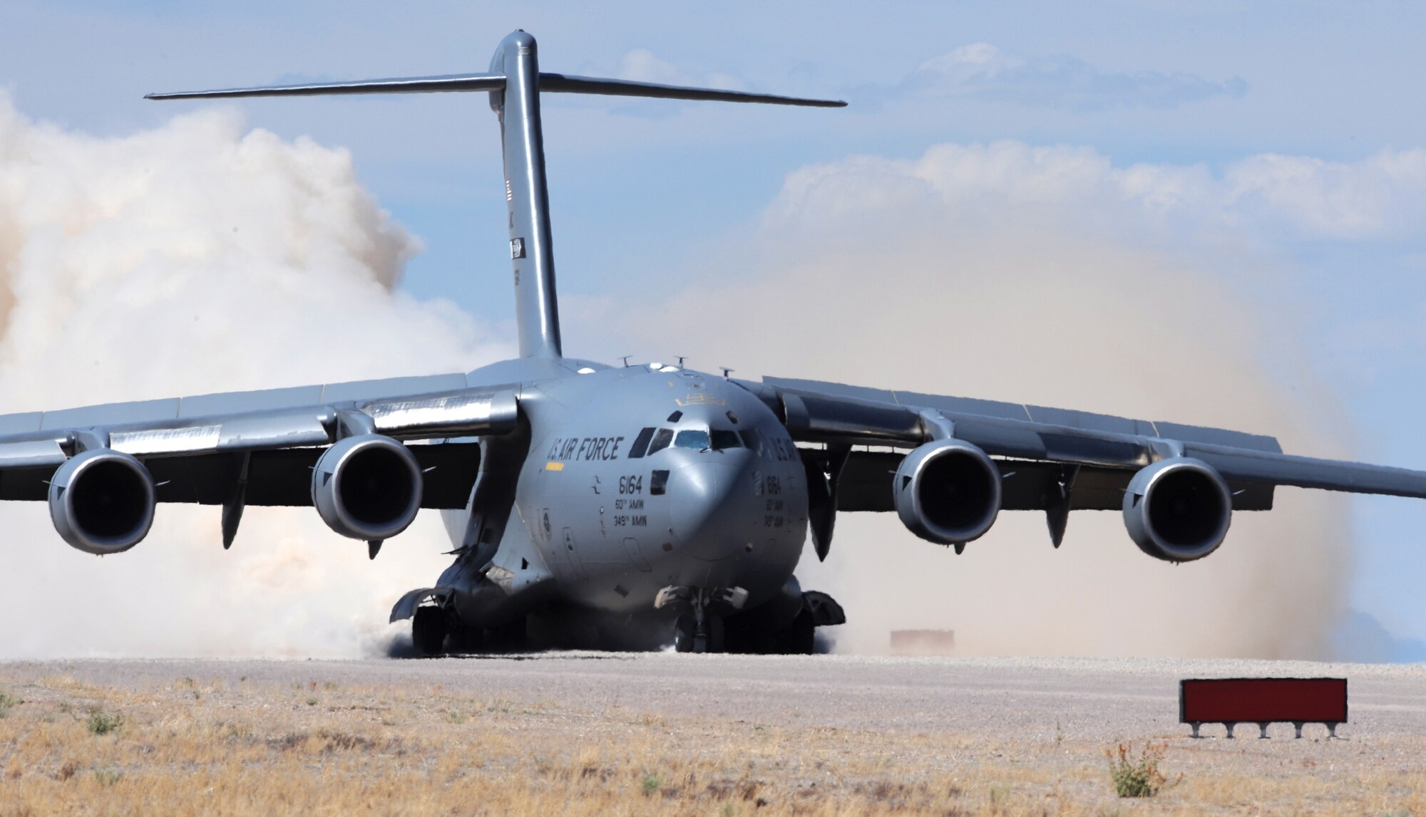 A C-17 Globemaster assigned to Travis Air Force Base, Calif., lands on the runway May 20 while participating in the Mobility Air Forces Exercise at Nellis Air Force Base, Nev.  (U.S. Air Force photo/Airman 1st Class Brett Clashman)

