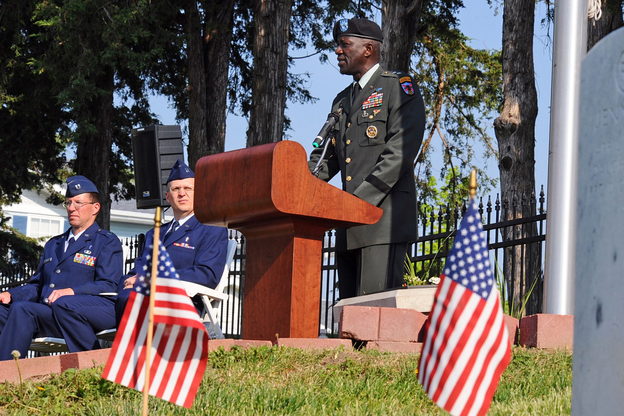 OFFUTT AIR FORCE BASE, Neb. - Maj. Gen. Abraham J. Turner, chief of staff, United States Strategic Command, speaks to attendees of Offutt's Memorial Day ceremony  at the Offutt Cemetery May 25. The ceremony honors the men and women who served and continue to serve in the United States military.U.S. Air Force Photo by Josh Plueger