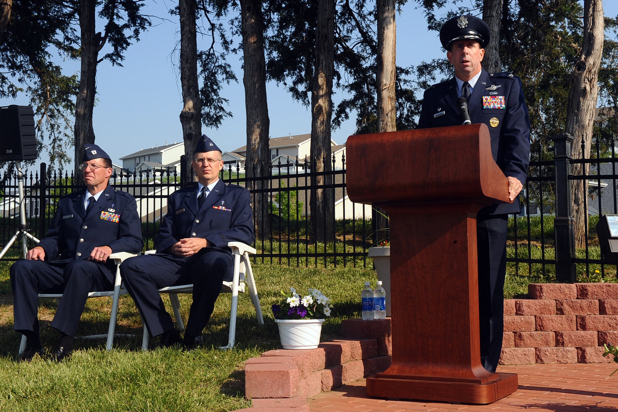 OFFUTT AIR FORCE BASE, Neb. - Col. John N.T. Shanahan, 55th Wing commander, speaks to attendees at Offutt's Memorial Day ceremony at the Offutt Cemetery May 25. The ceremony honors those who've served and continue to serve in the United States military.U.S. Air Force Photo by Josh Plueger