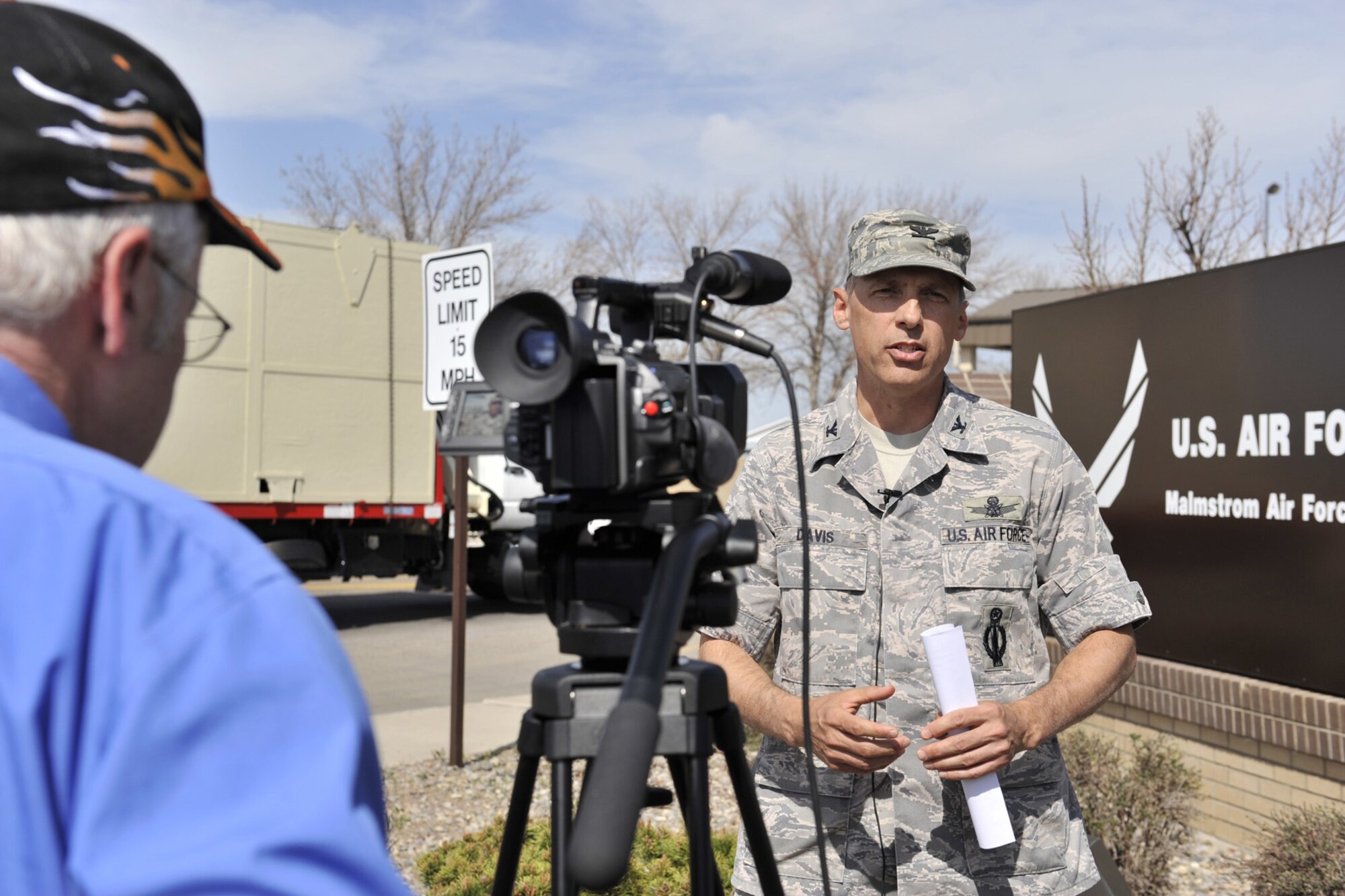 Col. Roderick Davis, 341st Mission Support Group commander, conducts a press conference with simulated media following an exercise scenario at Malmstrom May 18. (U.S. Air Force photo/John Turner)