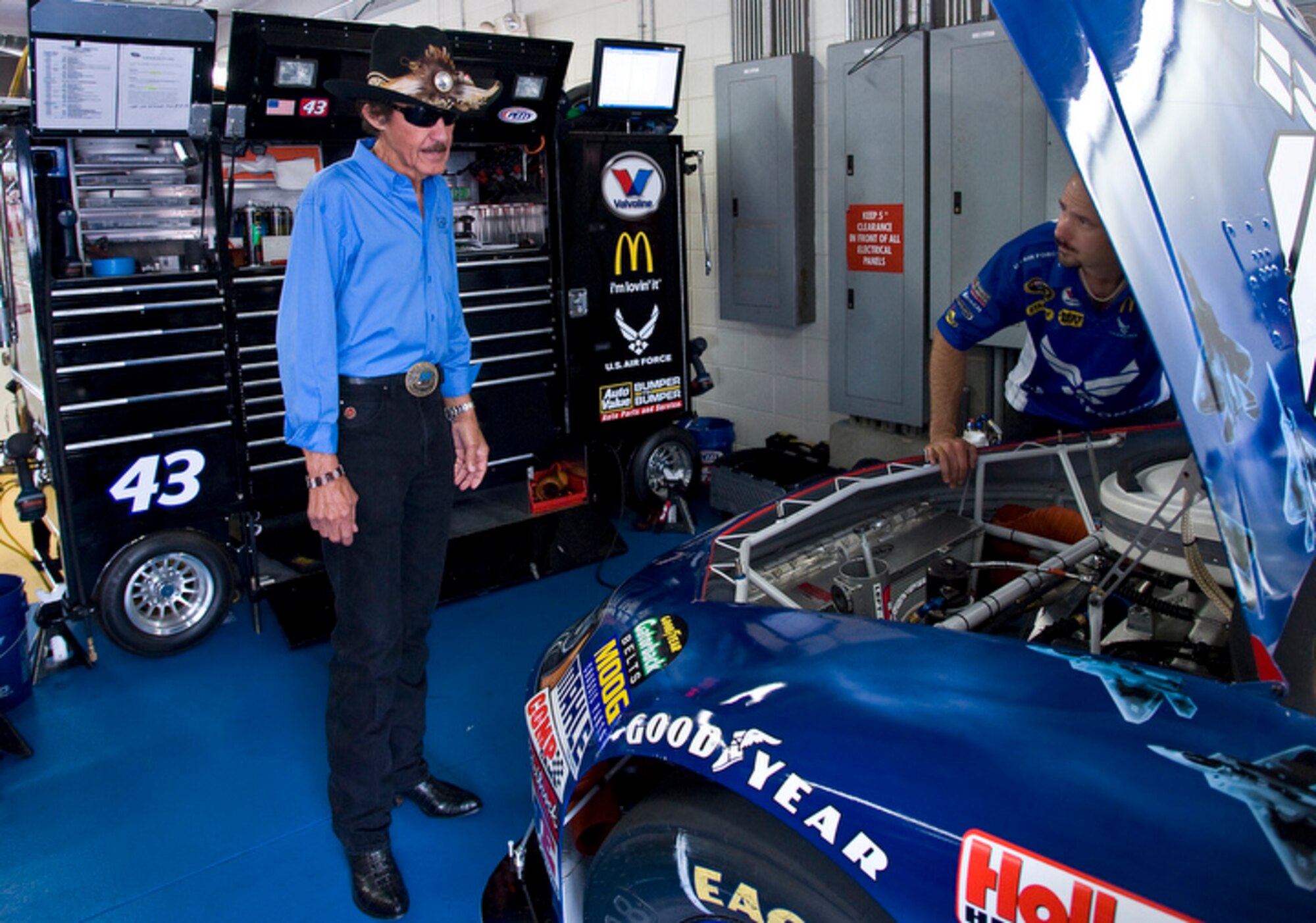 NASCAR legend Richard Petty checks the status of the #43 Air Force Dodge Charger, one of four cars he oversees under Richard Petty Motorosports brand May 23 before NASCAR's Coca-Cola 600 Sprint Cup race at Lowe's Motor Speedway, Charlotte, N.C. 
(U.S. Air Force photo by/Staff Sgt. Bennie J. Davis III)