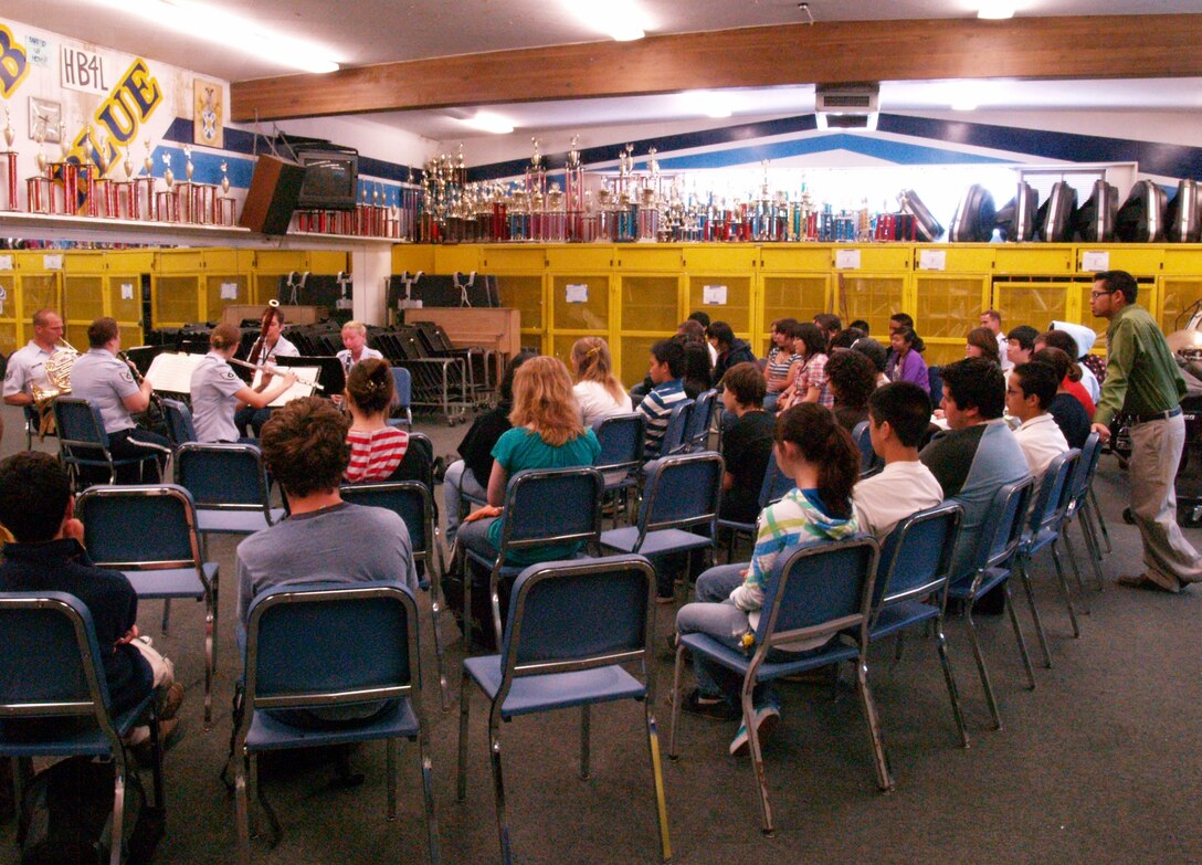 Members of Golden West Winds perform and assist Bonita Vista High school students on a recent trip to San Diego area.
