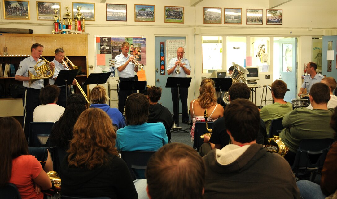 Members of Rhythm & Brass Quintet perform and give clinic to Clairemont High school students on a recent trip to San Diego area.

