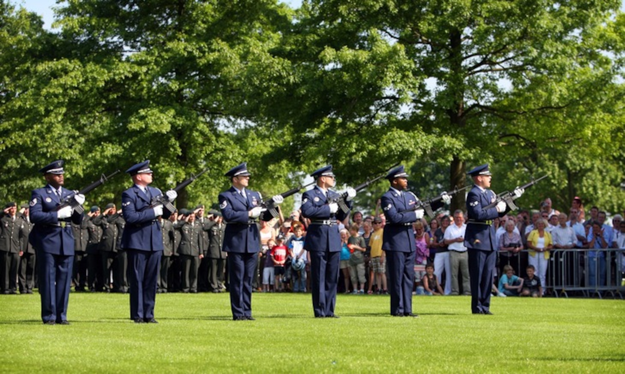 MARGRATEN, The Netherlands – An Air Force honor guard formation pays tribute to men and women who died while serving in the military May 24, 2009 during a Memorial Day ceremony at the Netherlands American Cemetery and Memorial. The Netherlands American Cemetery and Memorial is Europe's third largest war cemetery for unidentified soldiers who died in World War II. (Courtesy photo)