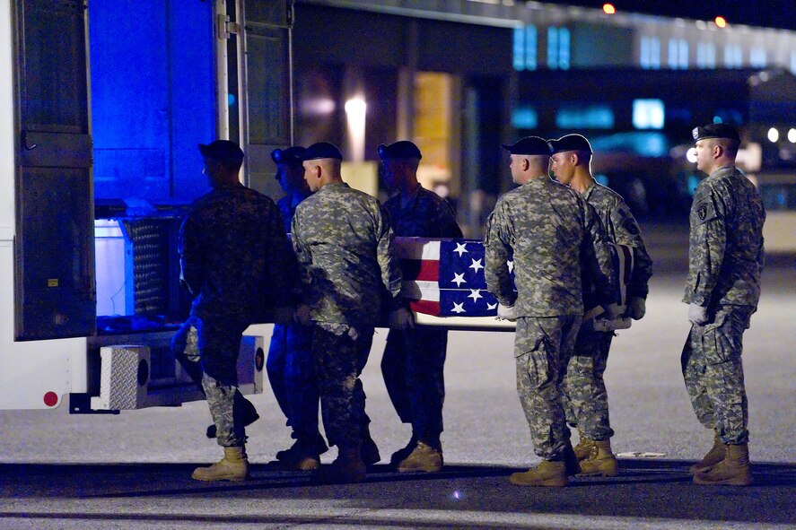 An Army carry team transfers the remains of Army Sgt. 1st Class Brian Naseman, of New Bremen, Ohio, at Dover Air Force Base, Del., May 24. Sgt. 1st Class Naseman was assigned to the 108th Forward Support Company, attached to 2nd Battalion, 127th Infantry, 32nd Infantry Brigade Combat Team, Sussex, Wis. (U.S. Air Force photo/Roland Balik)