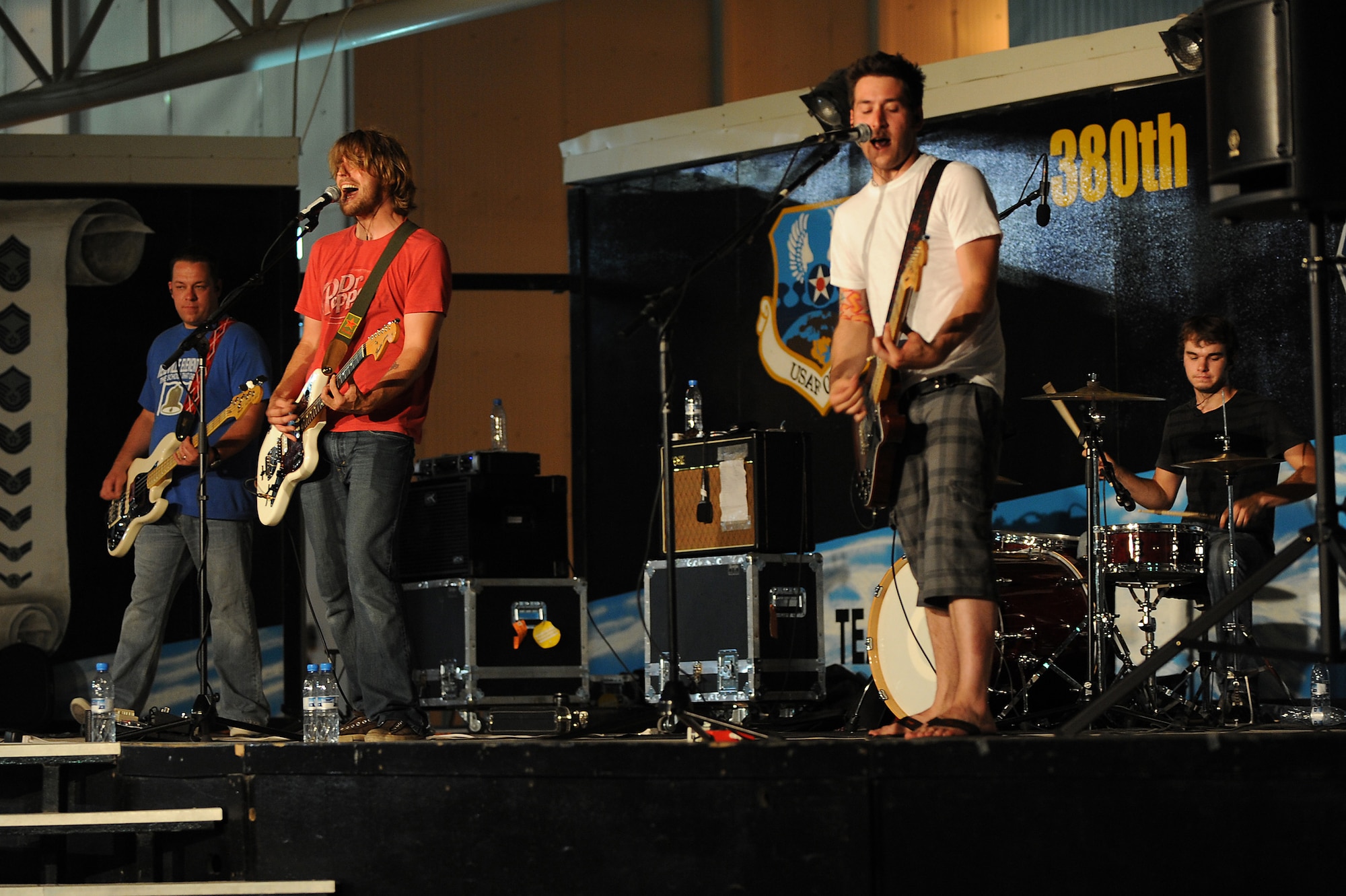 SOUTHWEST ASIA - The Stellas perform for Airman and Soldiers of the 380th Air Expeditionary Wing, May 17 at an undisclosed location in Southwest Asia. The band performed at several locations throughout Southwest Asia as part of an Armed Forces Entertainment tour. (U.S. Air Force photo by Senior Airman Brian J. Ellis) (Released)