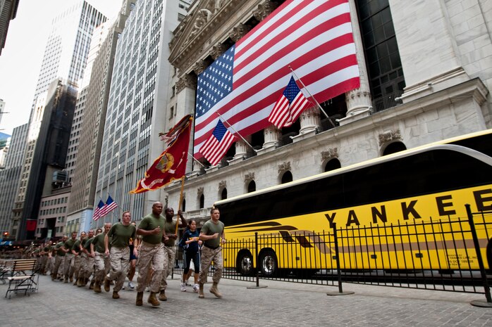 Marines from Special Purpose Marine Air Ground Task Force - New York run past the New York Stock Exchange, May 26, 2009. The Marines are in New York City as part of Fleet Week 2009. (Official Marine Corps photo by: Cpl. Patrick Fleischman)