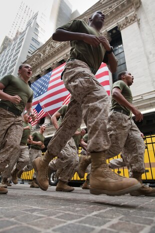Marines from Special Purpose Marine Air Ground Task Force - New York run past the New York Stock Exchange, May 26, 2009. The Marines are in New York City as part of Fleet Week 2009. (Official Marine Corps photo by: Cpl. Patrick Fleischman)