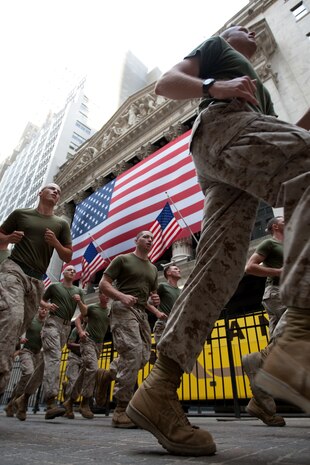 Marines from Special Purpose Marine Air Ground Task Force - New York run past the New York Stock Exchange, May 26, 2009. The Marines are in New York City as part of Fleet Week 2009. (Official Marine Corps photo by: Cpl. Patrick Fleischman)