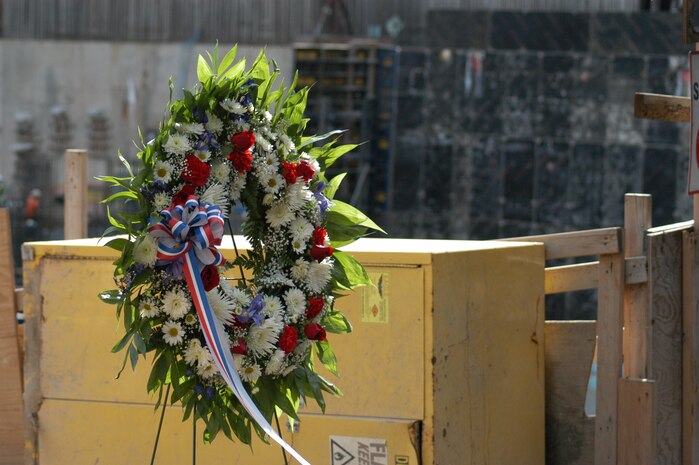The Marines from Special Purpose Marine Air Ground Task Force New York placed this wreath at Ground Zero in remembrance to those who died in the 9/11 attacks here, May 26. (Official Marine Corp photo by Lance Cpl. Jad Sleiman)