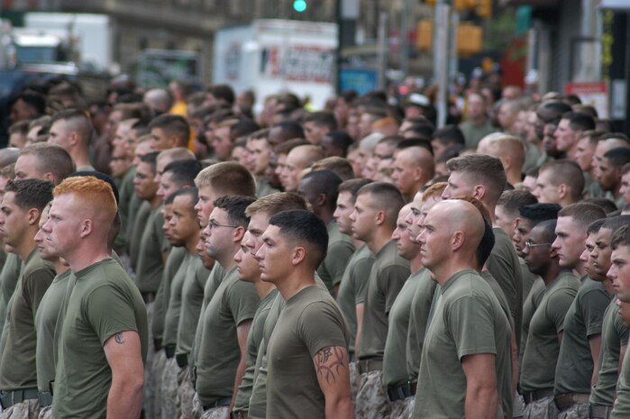 The Marines from Special Purpose Marine Air Ground Task Force New York stand in formation during a ceremony at Ground Zero, May 26. (Official Marine Corp photo by Lance Cpl. Jad Sleiman)