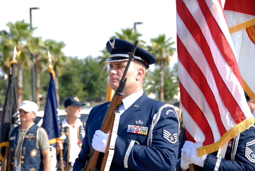 Staff Sgt. John Citrullo, 125th Fighter Wing Color Guard, waits with his team to present the colors at the City of Jacksonville's Memorial Day Tribute to fallen heroes at the Veteran's Memorial Wall in downtown Jacksonville, Fla. May 25, 2009. (Air National Guard Photo by Staff Sgt. Jaclyn Carver)