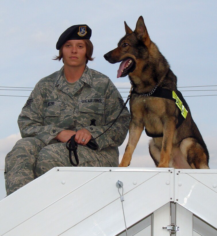 Staff Sgt. Patricia Fuller and military working dog SAMO L337 sit together on top of the A-frame used to improve dog agility at the Vance kennel (U.S. Air Force photo by 2nd Lt. Lynn Aird)