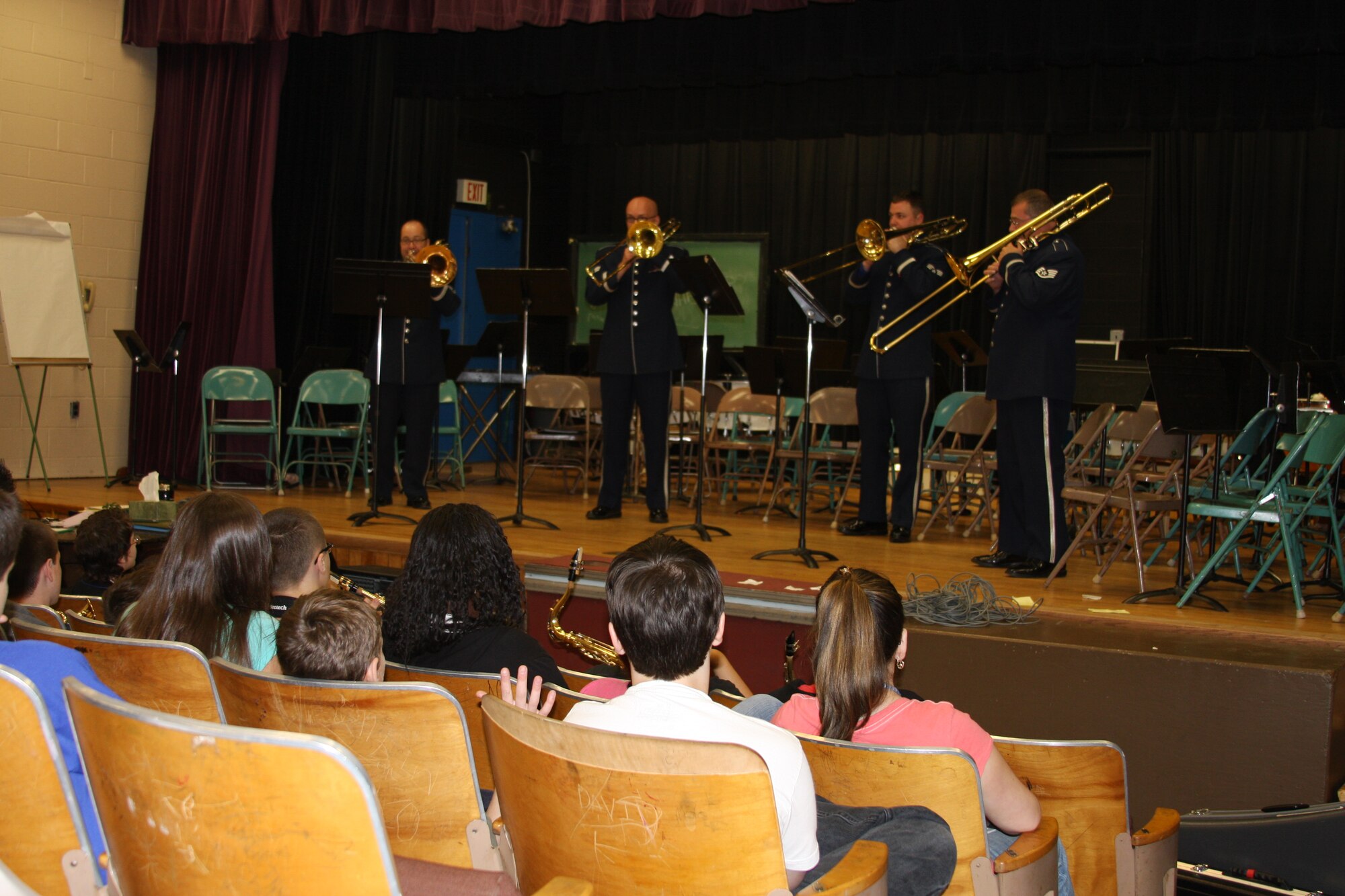 The Band of Liberty's newest ensemble, Mach Four, entertains and instructs the middle school band in the finer points of musical style. 