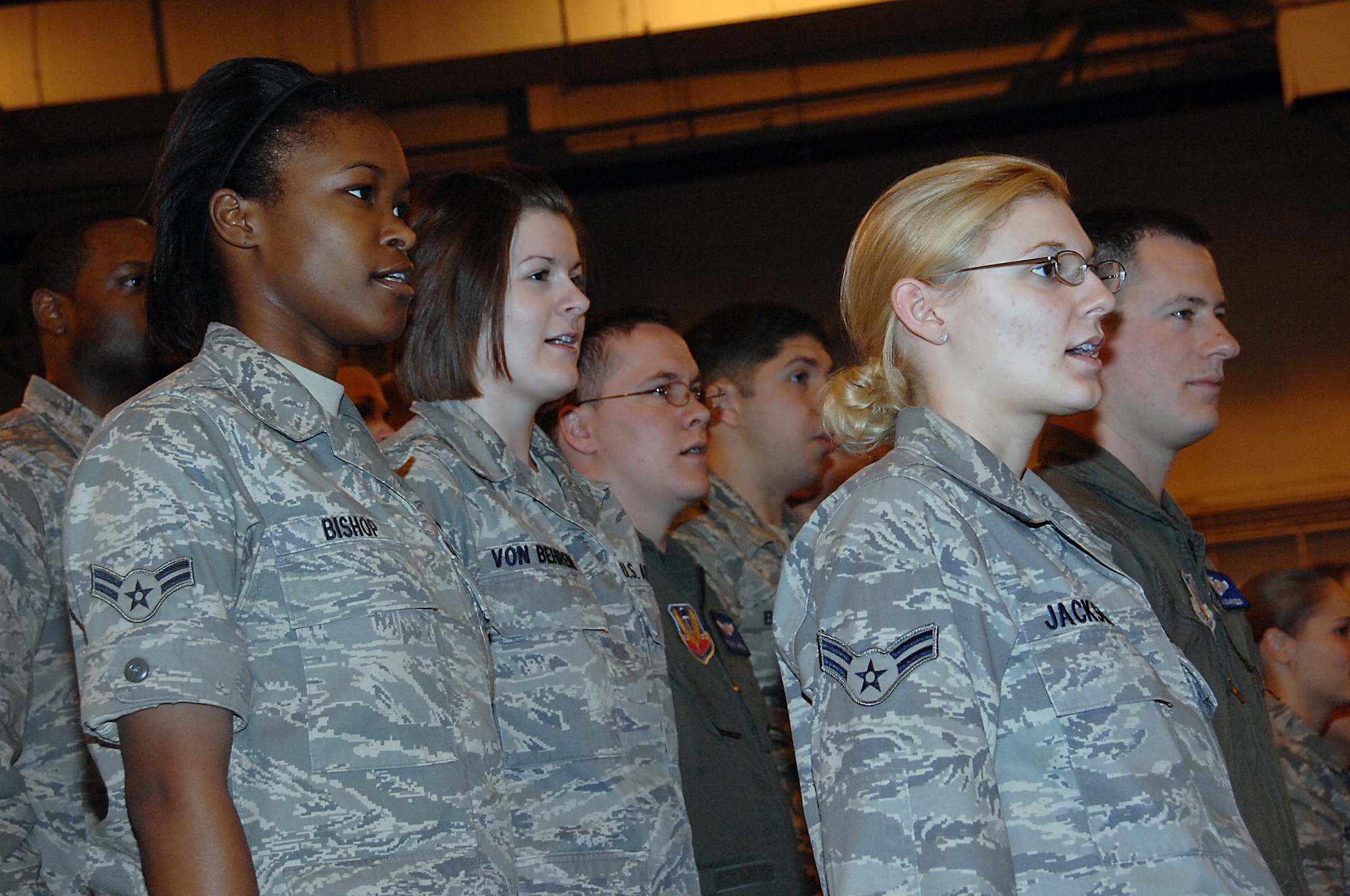 OFFUTT AIR FORCE BASE, Neb. -- Members of the Fightin' Fifty-Fifth recite the Airman's Creed during Commander's Call at the Bennie Davis Maintenance Facility here May 21. Commander's Call kicked off the wing's annual Safety Day, which focuses on reminding all Airmen to practice safety on a daily basis. U.S. Air Force photo by Kendra Williams