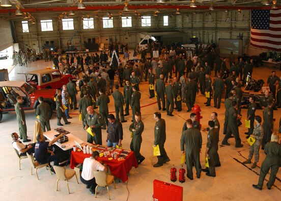More than 700 people attended Vance AFB’s Safety Day Expo May 22. Free items pertaining to safety awareness were handed out at different booths hosted by 17 units from the base. Attendees were able to see videos, read excerpts, and interact with displays while waiting in line to visit all the stations. The Safety Day Expo took the place of a traditional safety briefing and was open 9 a.m. to 11 a.m in Hangar 170 to kick-off the 101 Critical Days of Summer. (U.S. Air Force Photo/Staff Sgt. Brian Hill)